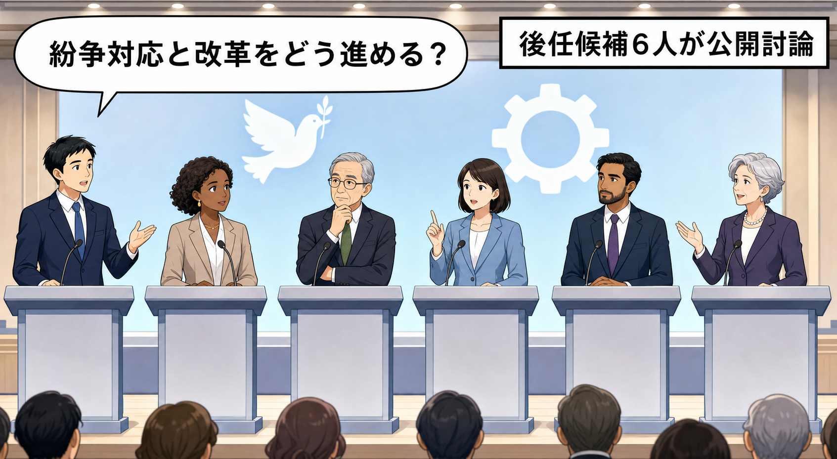 国際会議場の壇上に並ぶ6人の事務総長候補風キャラが、紛争対応や国連改革について公開討論する中立的な一コマ漫画