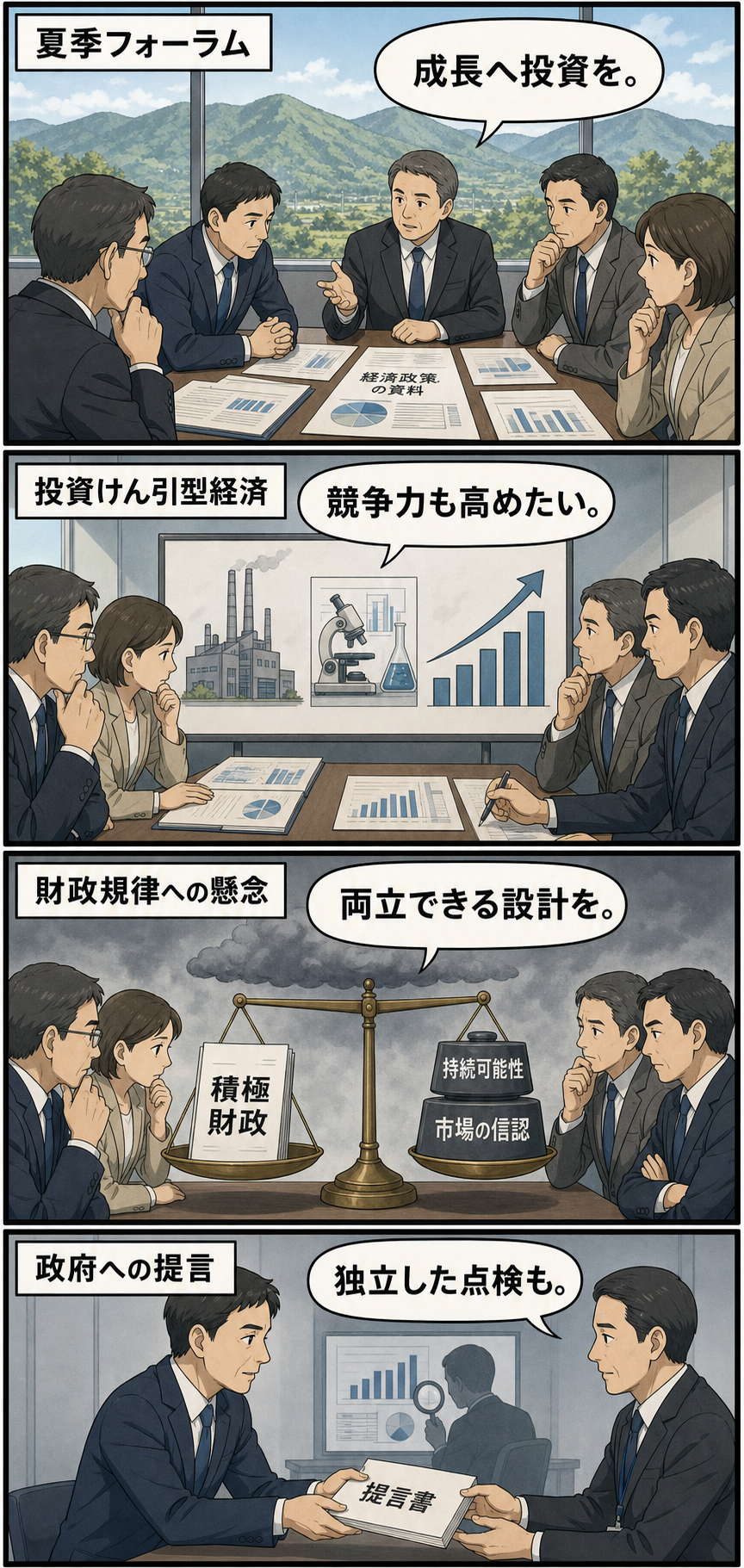 軽井沢の夏季フォーラムで経済界の参加者が、投資促進と財政の持続可能性を天秤にかけ、独立財政機関による監視を政府役の人物へ提言する慎重な雰囲気の4コマ漫画。