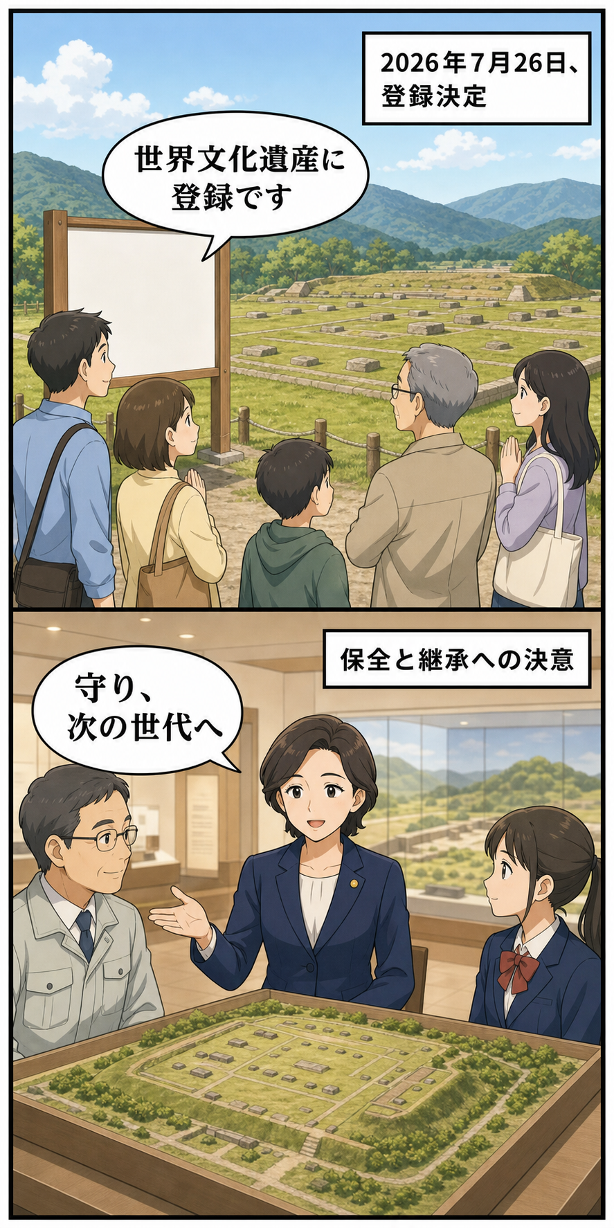 飛鳥・藤原の宮都の世界文化遺産登録が決まり、スーツ姿の女性の首相風キャラが保全と次世代への継承方針を述べる2コマ漫画
