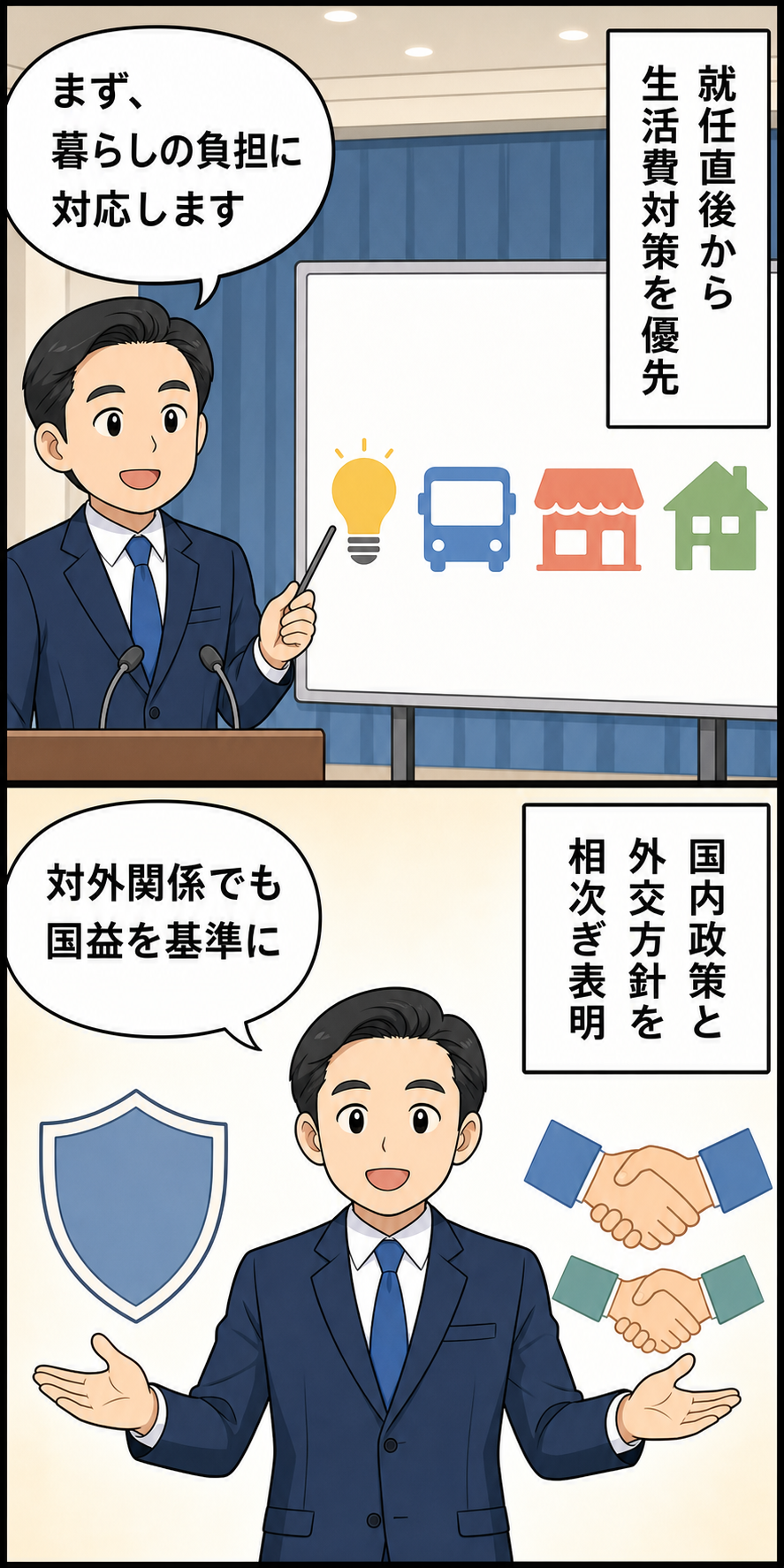 スーツ姿の男性の首相風キャラが、生活費対策の政策資料を示した後、国益を示す盾を前に対外関係の方針を説明する中立的な2コマ漫画。