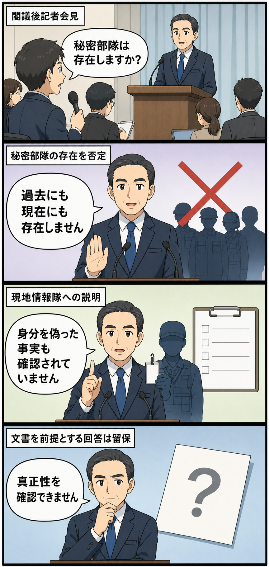 記者会見で、スーツ姿の男性の防衛相風キャラが秘密部隊の存在と身分を偽った情報収集を否定し、内部文書については真正性を確認できないとして回答を控える4コマ漫画