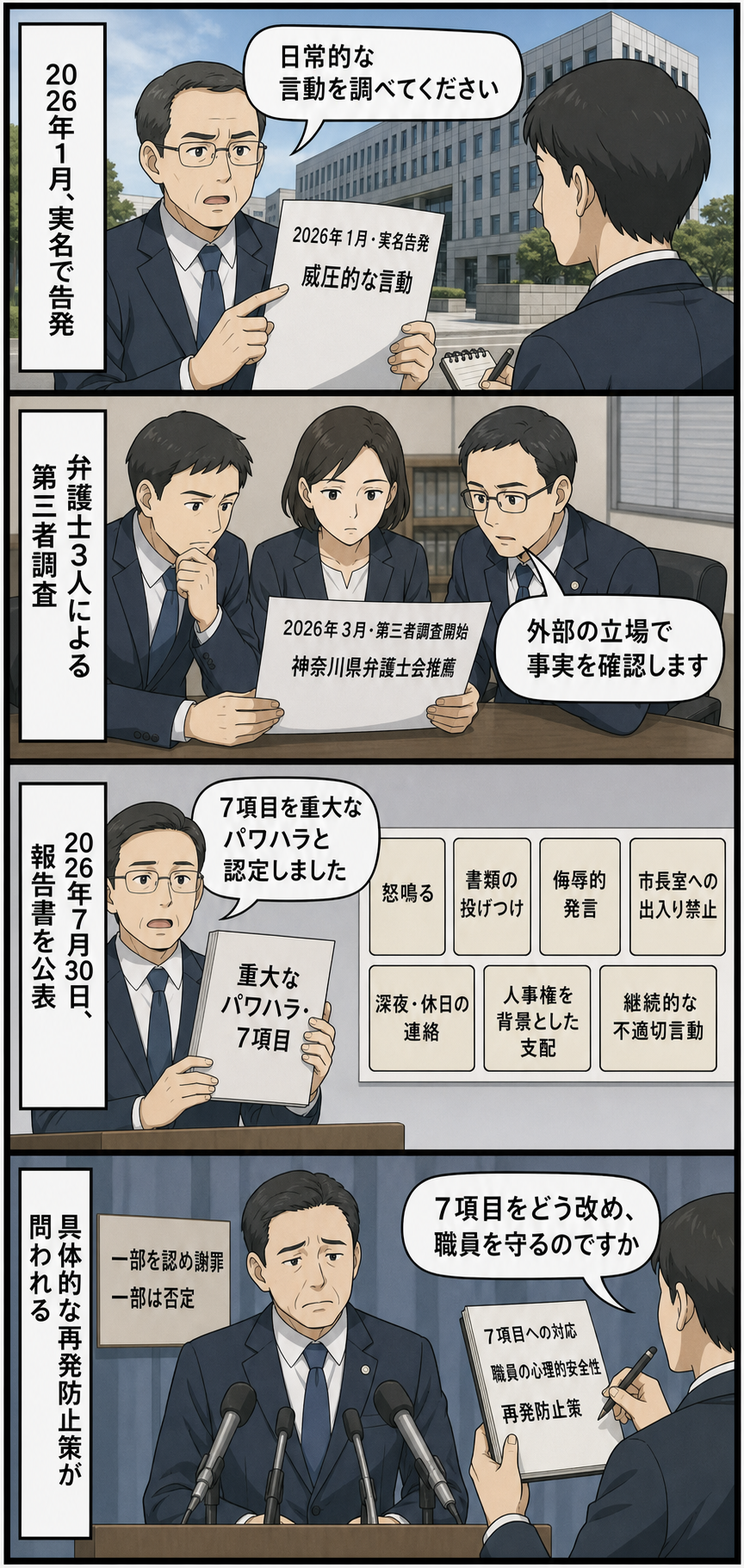 横浜市の元人事部長による告発から、弁護士3人の調査、重大なパワハラ7項目の認定、市長への具体的な問いかけまでを描く4コマ漫画。
