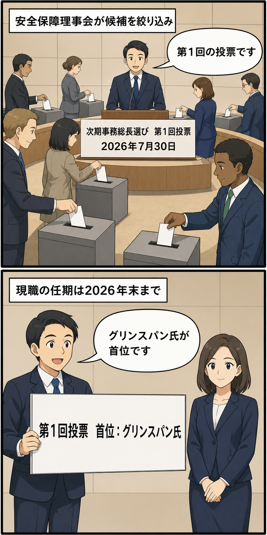 国連安全保障理事会による次期事務総長選びの第1回投票が行われ、一般化された女性候補として描かれたグリンスパン氏が首位となったことを示す2コマ漫画。
