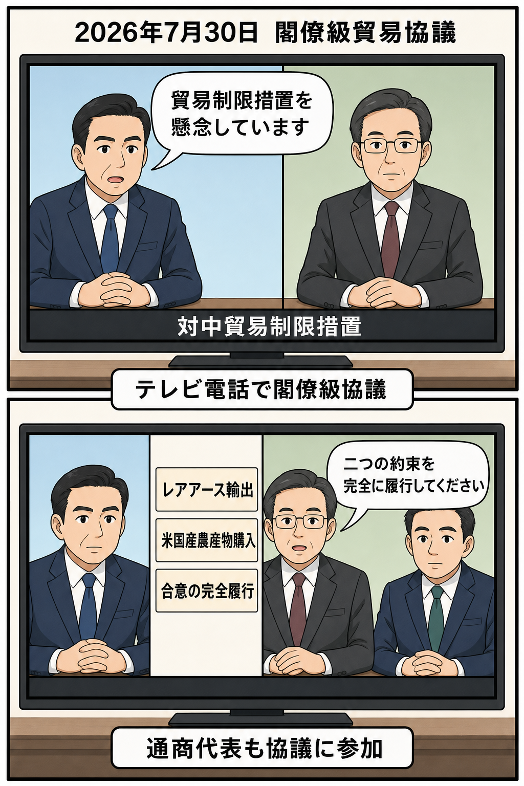 2026年7月30日のテレビ貿易協議で、二人の男性閣僚風キャラが貿易制限への懸念と、レアアース輸出・農産物購入の約束履行について意見を交わす中立的な2コマ漫画。