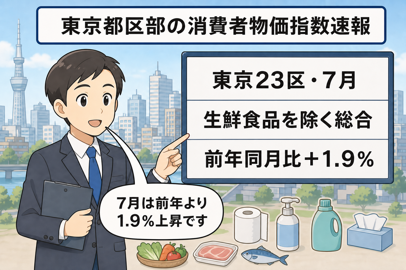 統計担当者が、7月の東京23区における生鮮食品を除く消費者物価指数が前年同月比1.9％上昇したことを示すパネルを説明している。