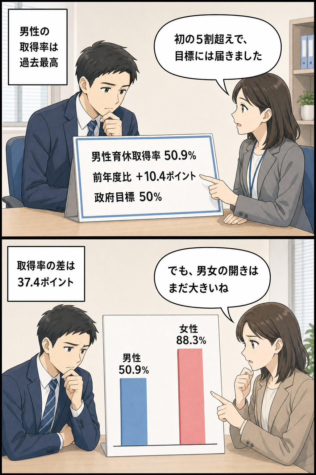 男性の育休取得率が50.9％となり政府目標に到達した一方、女性の88.3％とは開きが残ることを慎重な表情の会社員たちで示す2コマ漫画。