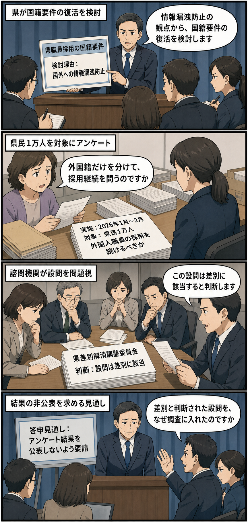 三重県を想起させる県庁を舞台に、男性の知事風キャラによる国籍要件復活の検討、県民1万人へのアンケート、設問を差別に該当するとした諮問機関の判断、結果を公表しないよう求める答申の見通しを、批判的で緊張感...