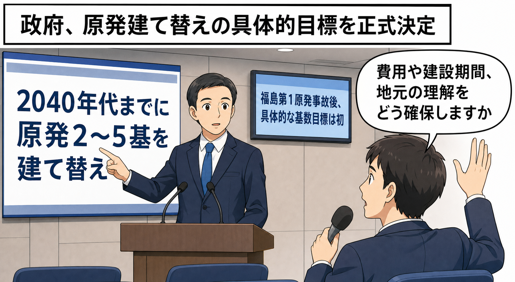 政府担当者が2040年代までに原発2～5基を建て替える目標を説明し、記者が費用や建設期間、地元自治体の理解について質問する中立的な一コマ漫画。