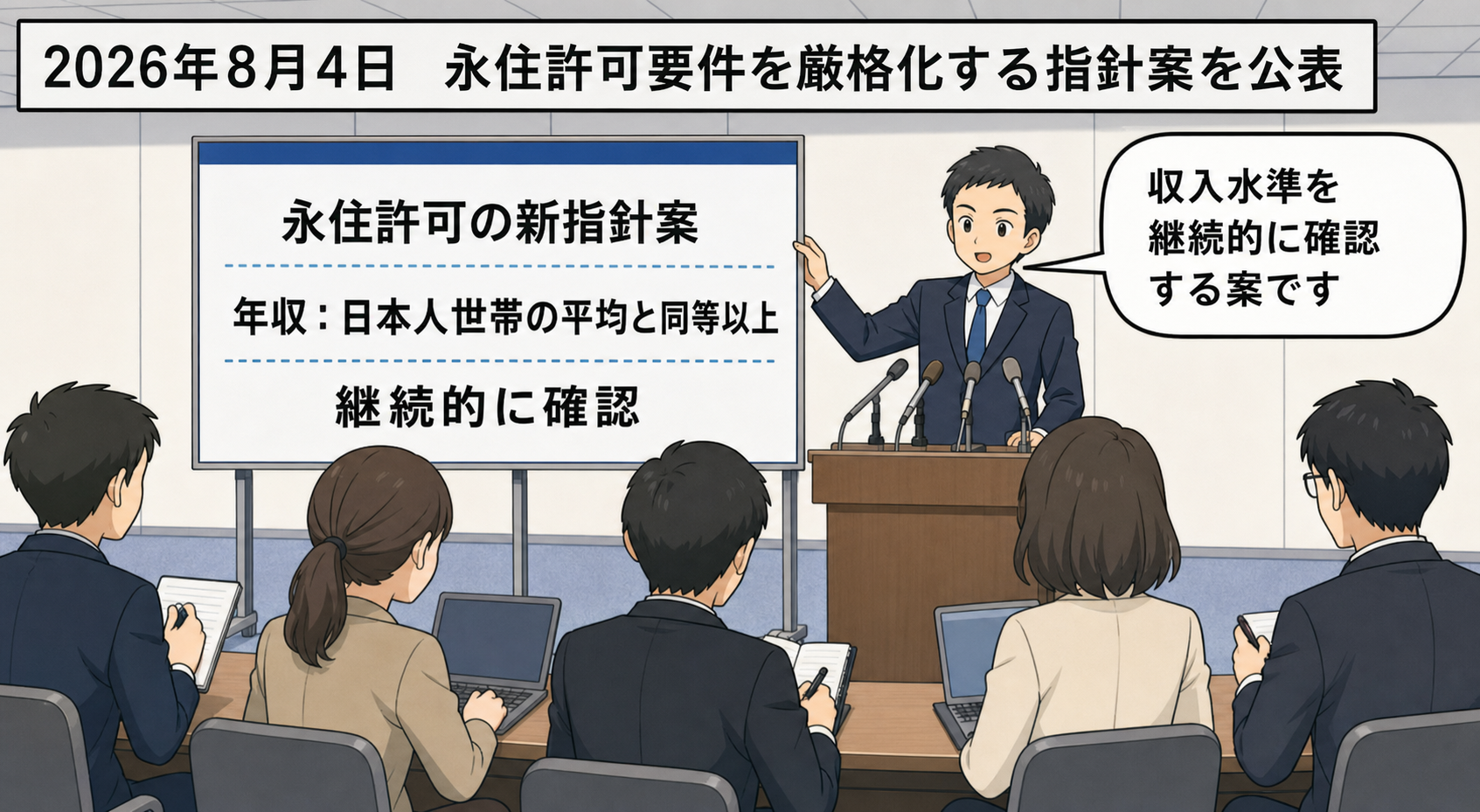 行政担当者が、永住許可の新たな指針案について、日本人世帯の平均と同等以上の年収を継続的に求める内容を説明している。