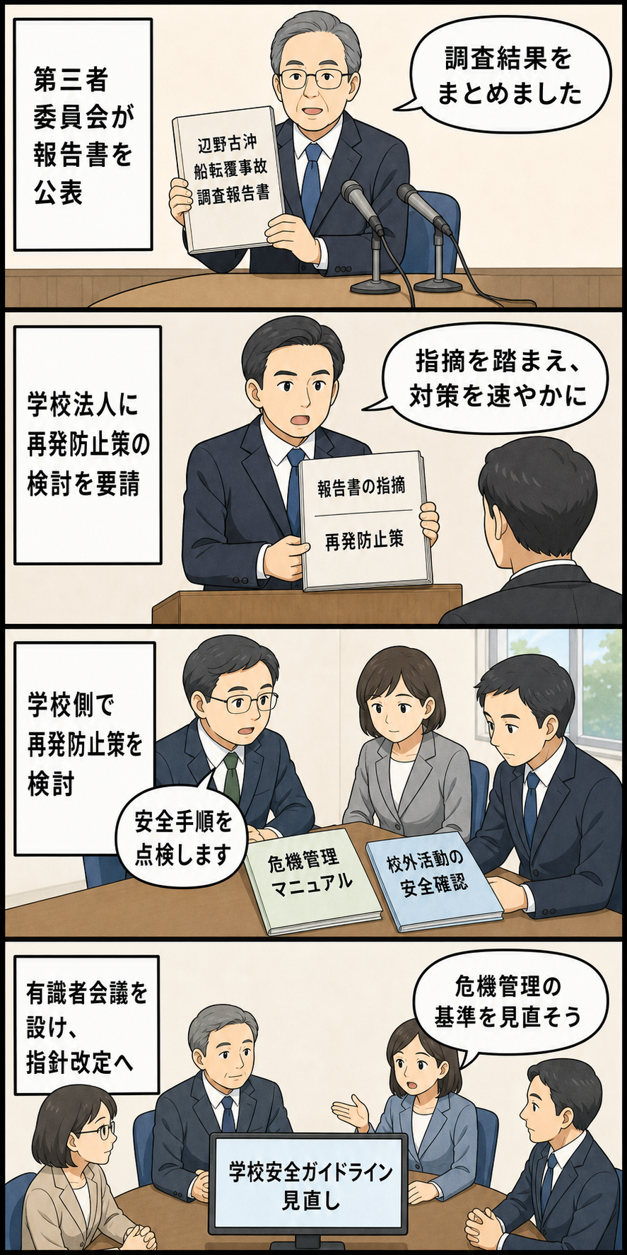 辺野古沖の船転覆事故を受け、第三者委員会の報告書公表から学校側の再発防止策、国の学校安全指針見直しへ進む流れを描いた4コマ漫画。