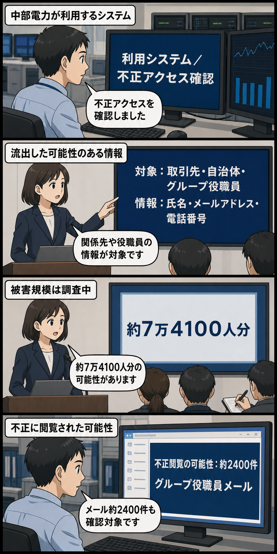 中部電力が利用するシステムへの不正アクセスと、関係先やグループ役職員の個人情報約7万4100人分、メール約2400件への影響可能性を4コマで中立的に伝える漫画。