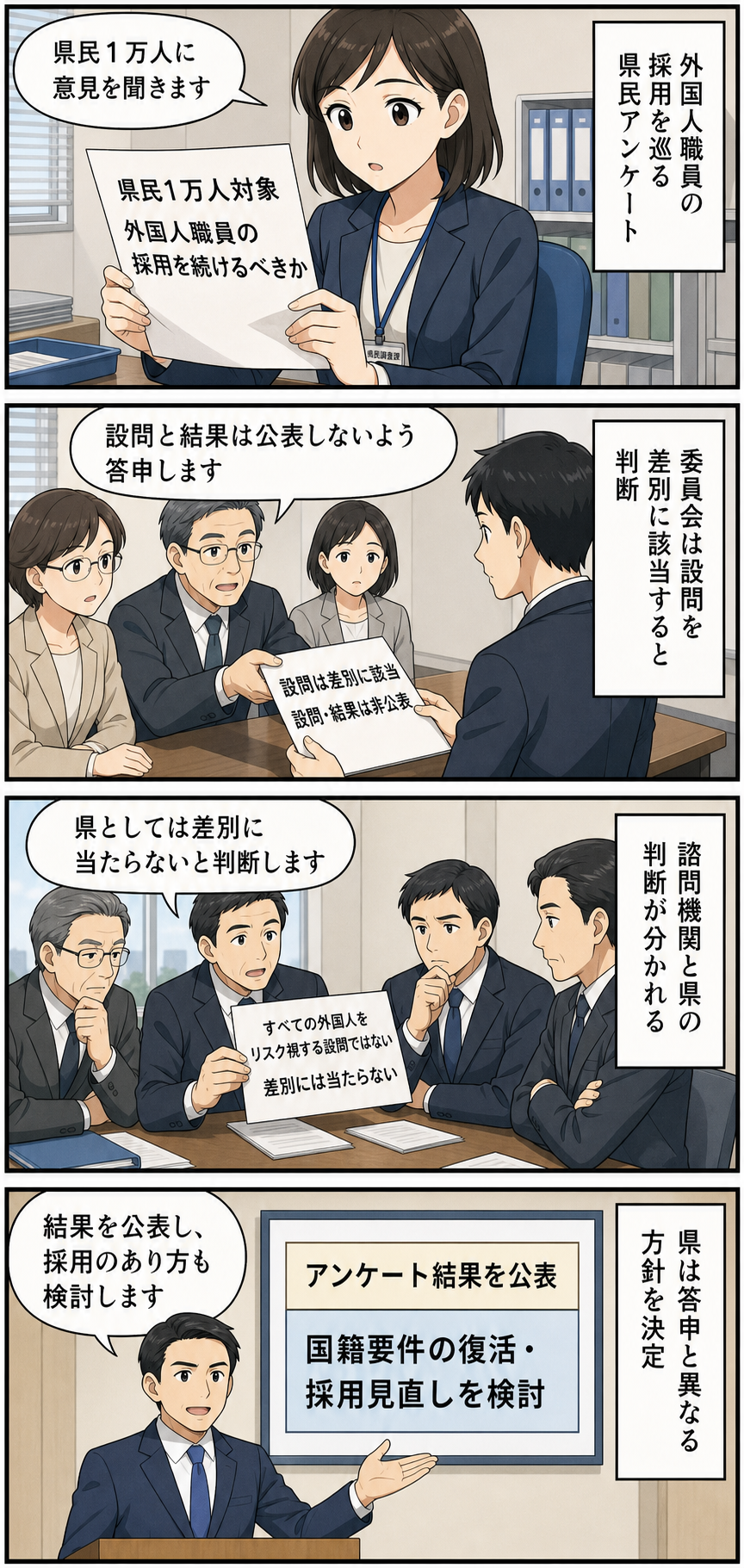 三重県による外国人職員採用アンケートを巡り、差別解消調整委員会が非公表を答申し、県が差別には当たらないとして公表を決めるまでを中立的に描いた4コマ漫画。