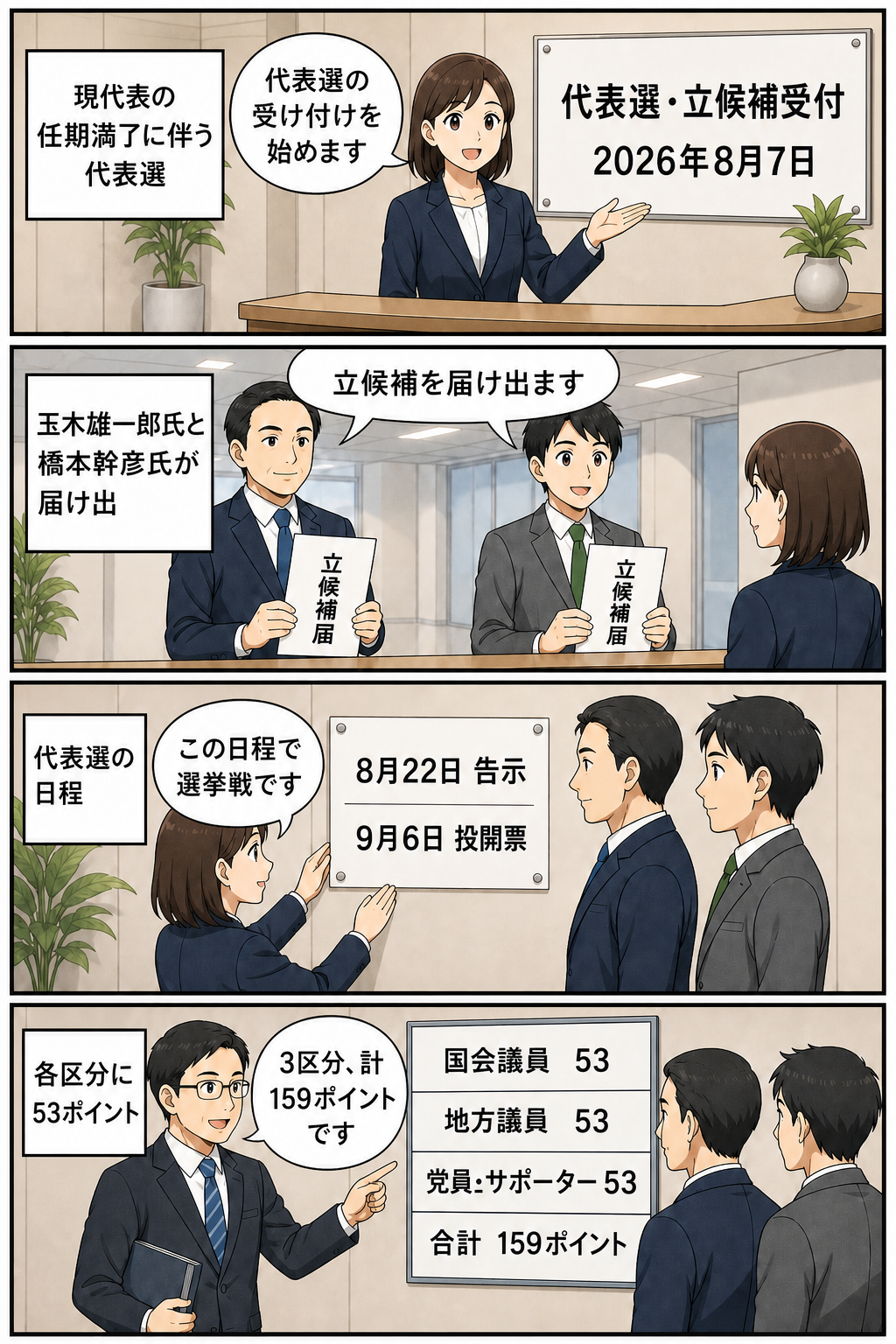 国民民主党の代表選で、一般化された男性候補2人が立候補を届け出し、8月22日告示、9月6日投開票の日程と計159ポイントの仕組みが示される4コマ漫画。