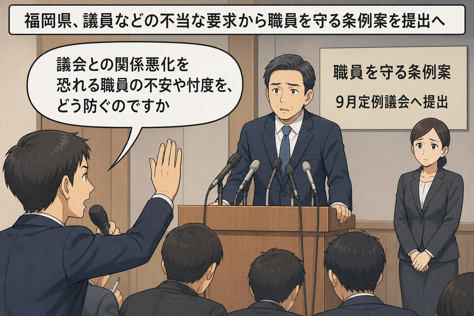 福岡県庁を抽象化した記者会見場で、男性の知事風キャラが職員保護条例案の提出方針を説明し、記者が議会との関係悪化を恐れる職員の不安や忖度をどう防ぐのか問いかけている。