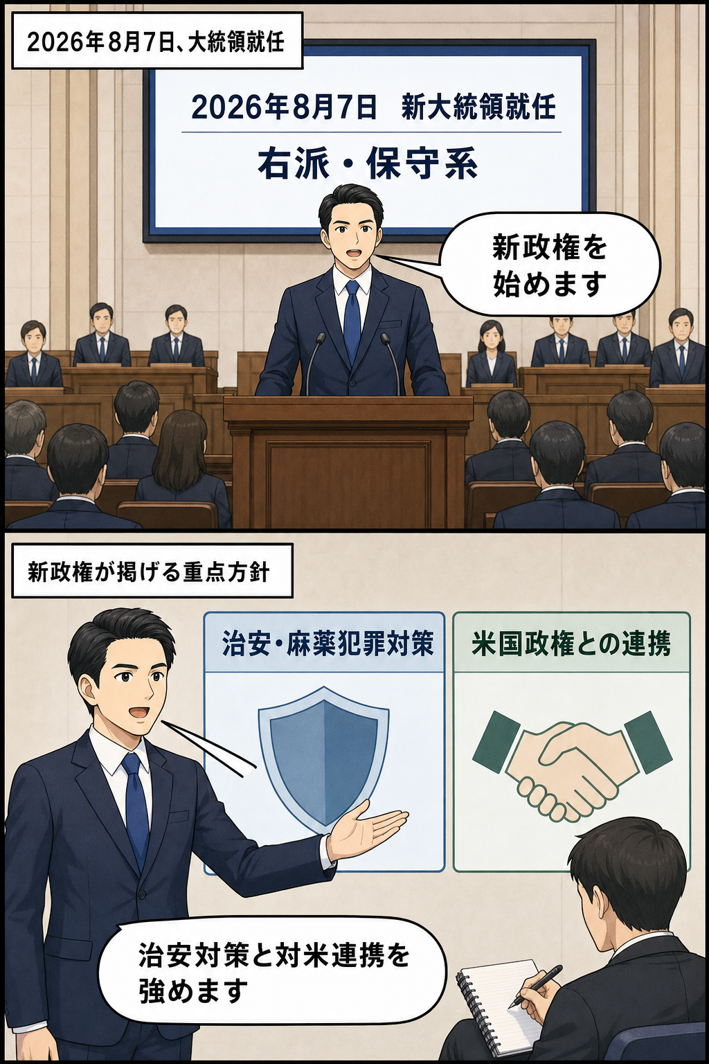 右派・保守系の男性大統領風キャラが就任し、治安・麻薬犯罪対策と米国政権との連携強化を表明する中立的な2コマ漫画。