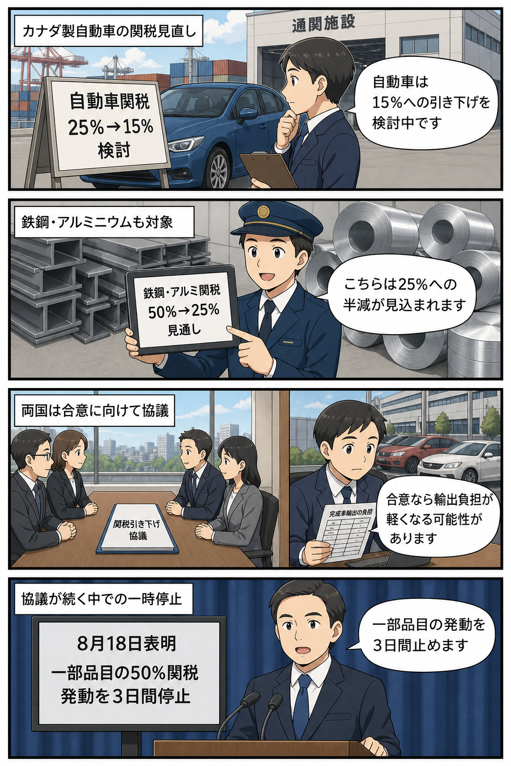 米政権がカナダ製自動車と鉄鋼・アルミニウムの関税引き下げを検討し、両国間の協議や自動車メーカーへの影響、一部関税の3日間停止を示す中立的な4コマ漫画。