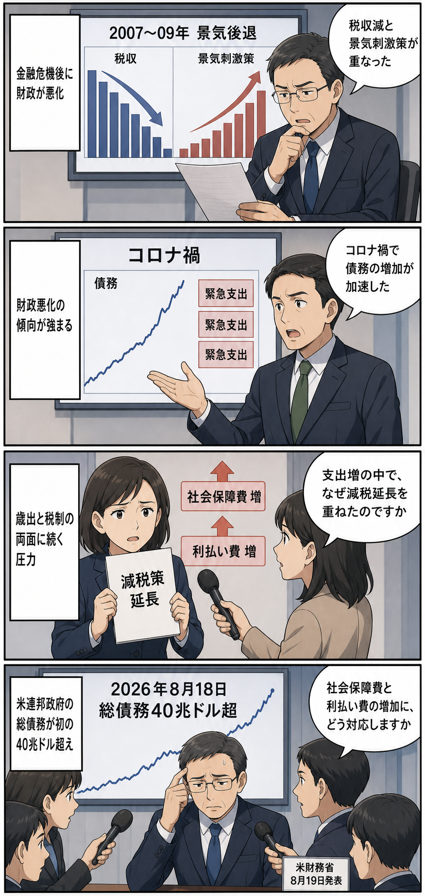 米連邦政府の債務が40兆ドルを超えるまでの長期的な経緯と、社会保障費・利払い費の増加を問いただす記者を描いた4コマ漫画。