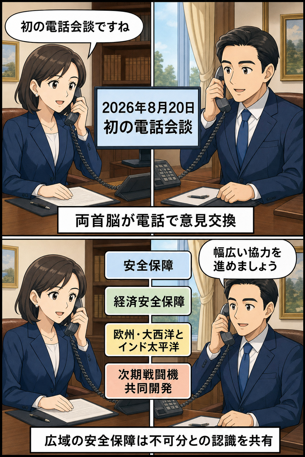 女性と男性の首相風キャラが初めて電話会談し、安全保障と経済安全保障の協力、広域の安全保障認識、次期戦闘機の共同開発計画を確認する中立的な2コマ漫画。
