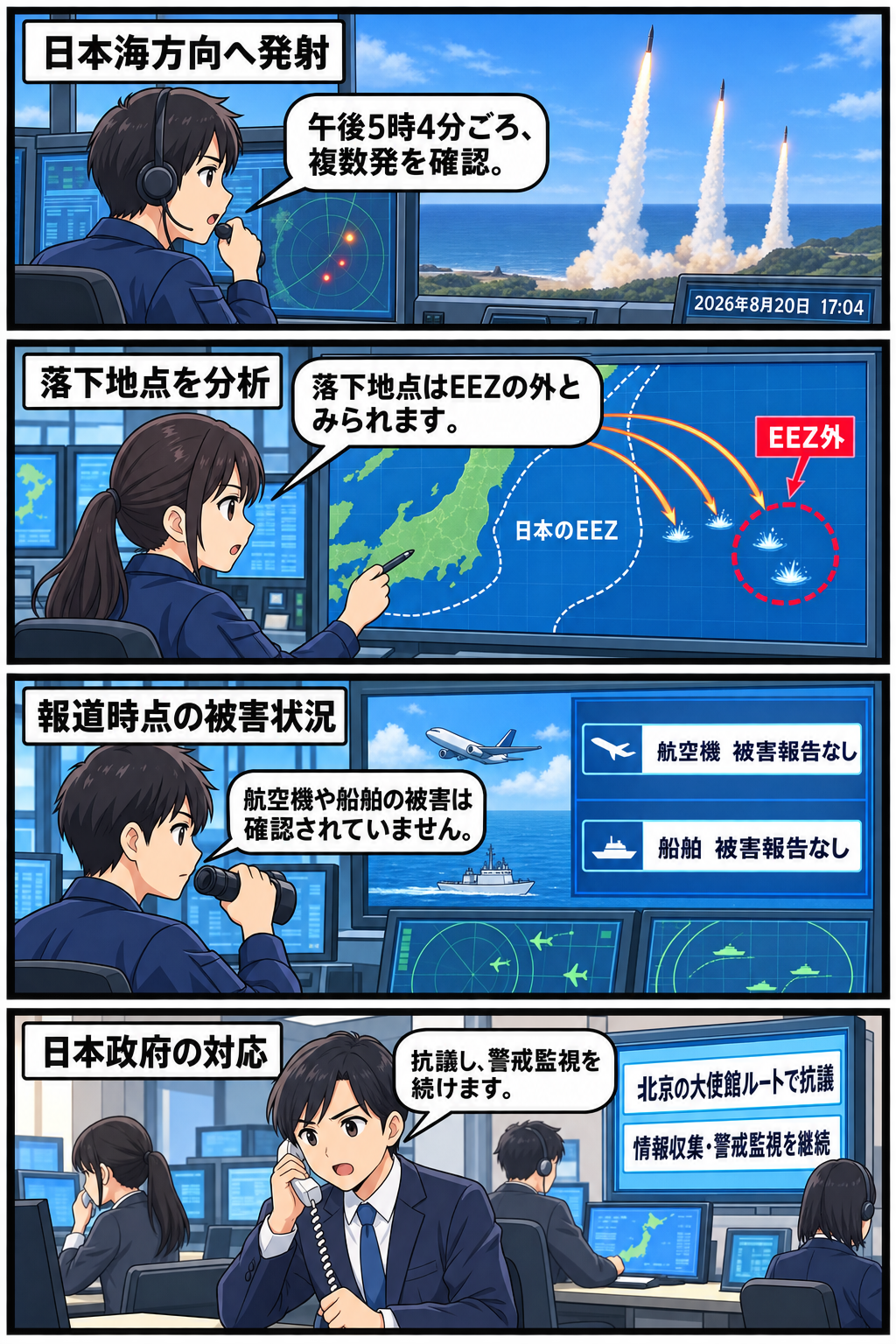 複数の弾道ミサイルの発射から日本のEEZ外への落下推定、被害報告なし、外交ルートでの抗議と警戒監視までを中立的に描く4コマ漫画。