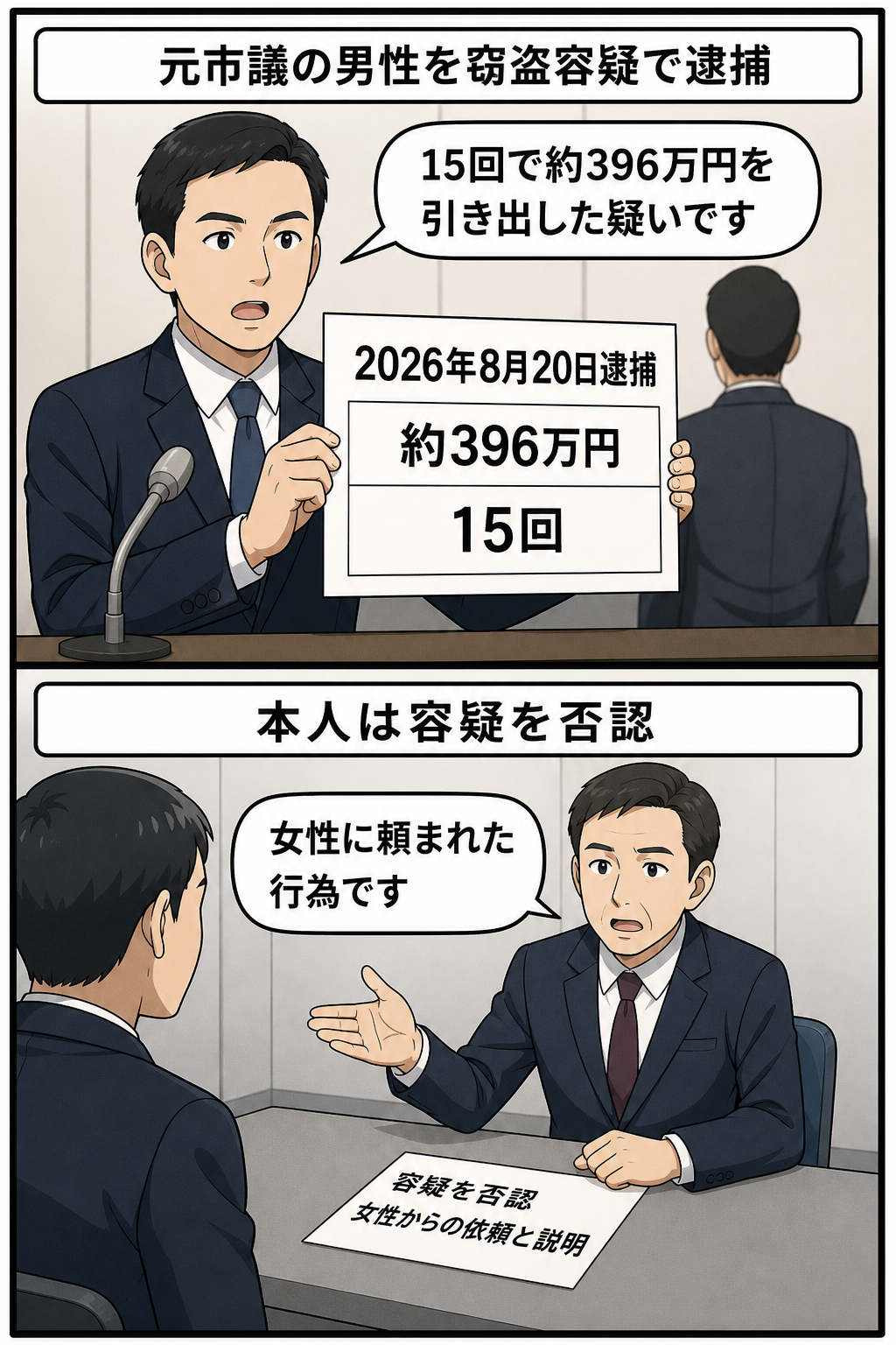 長崎県警が元市議の男性を窃盗容疑で逮捕したと発表し、男性側が女性に頼まれた行為だとして容疑を否認する二コマ漫画。