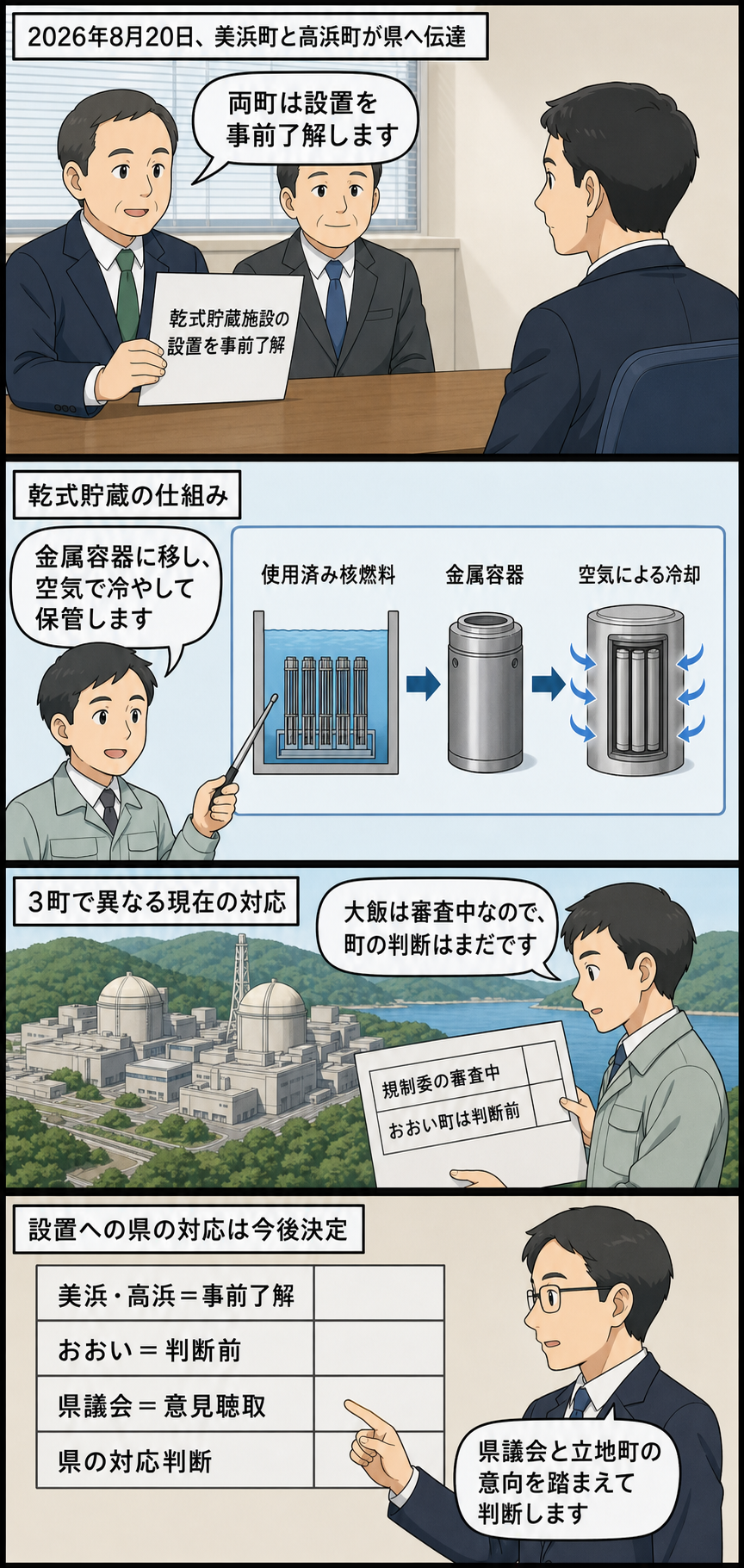 美浜町と高浜町の事前了解から、乾式貯蔵の仕組み、大飯原発の審査状況、福井県による今後の判断までを中立的に描く4コマ漫画。