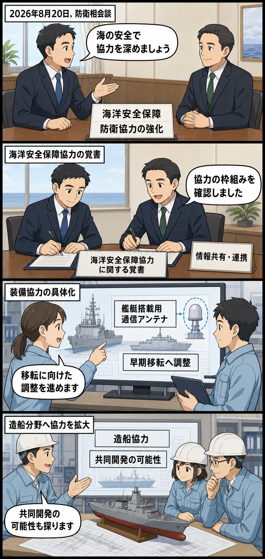 日印の防衛相を表す一般化された男性キャラクター二人が、海洋安全保障の協力強化を確認し、覚書への署名、艦艇用通信アンテナの移転調整、造船協力の検討へ進む様子を描いた4コマ漫画。