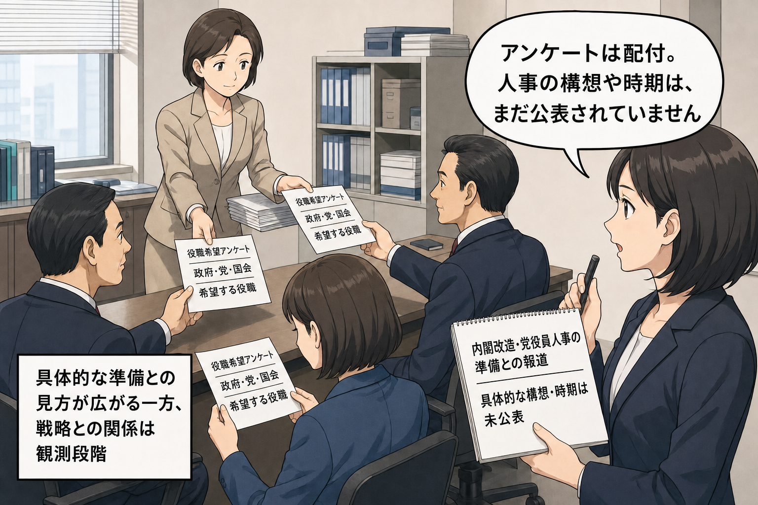 政党事務局の担当者が所属議員たちに役職希望アンケートを配り、記者が具体的な人事構想や時期は未公表だと伝える中立的な一コマ漫画。