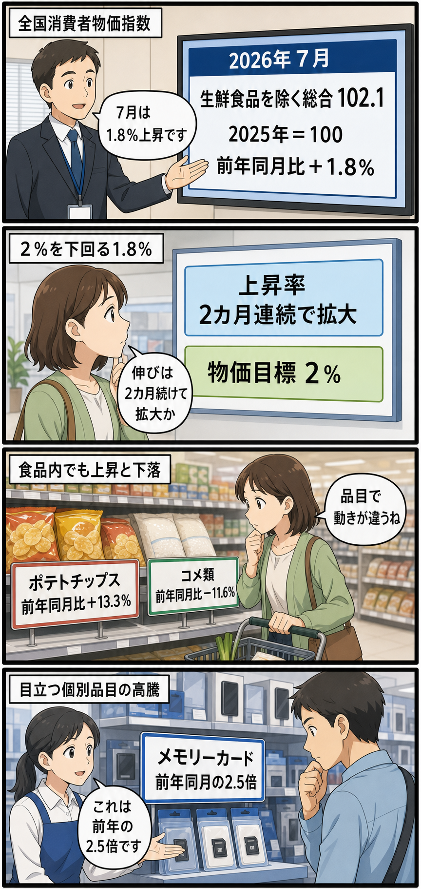 統計担当者が7月の消費者物価指数を発表し、買い物客が総合指数の上昇、食品ごとの値動き、メモリーカードの高騰を順に確認する4コマ漫画。
