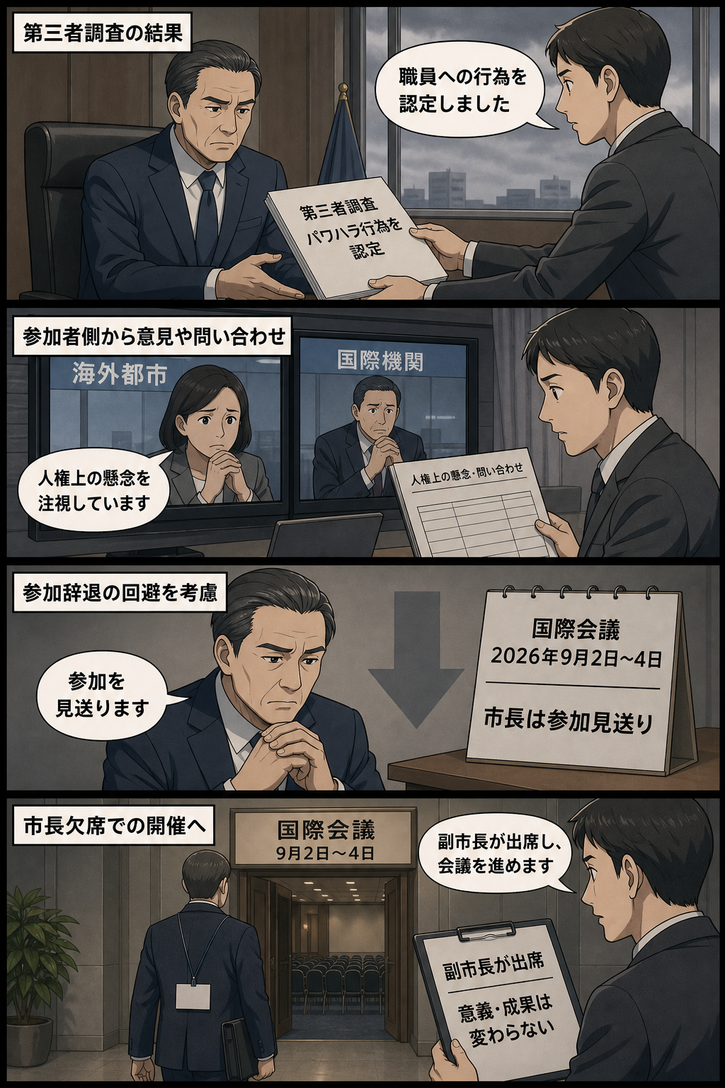 第三者調査によるパワハラ認定を受け、海外都市や国際機関から人権上の懸念が寄せられたため、男性の市長風キャラが国際会議への参加を見送り、副市長風キャラが代理出席するまでを慎重な調子で描いた4コマ漫画。