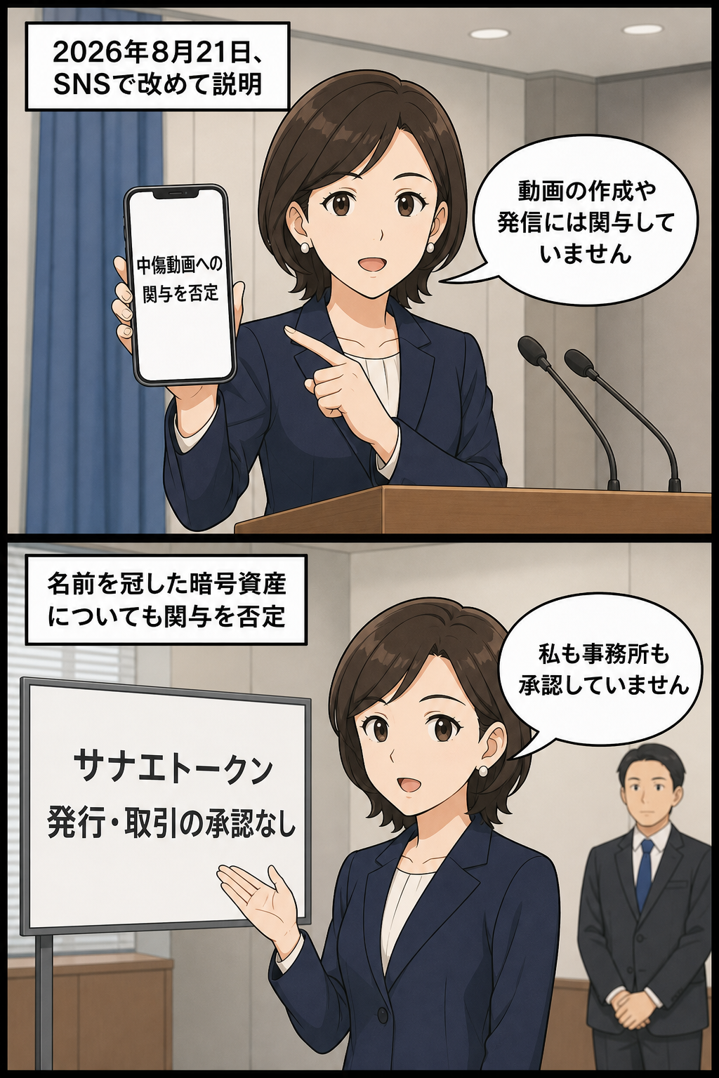 スーツ姿の女性の首相風キャラが、SNSへの投稿を通じて中傷動画への関与とサナエトークンの発行・取引の承認をそれぞれ否定する2コマ漫画。