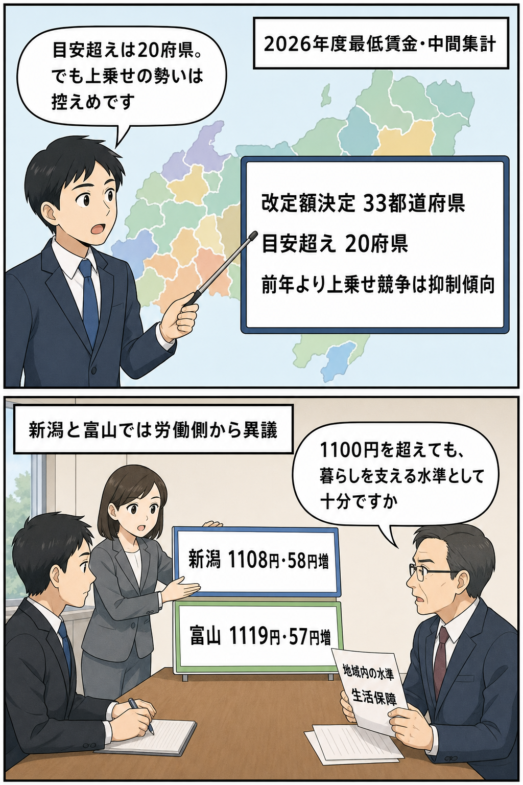 最低賃金改定の全国的な上乗せ状況を示す集計と、新潟・富山で1100円を超える改定額に対して労働団体が水準を問いかける様子を描いた2コマ漫画。