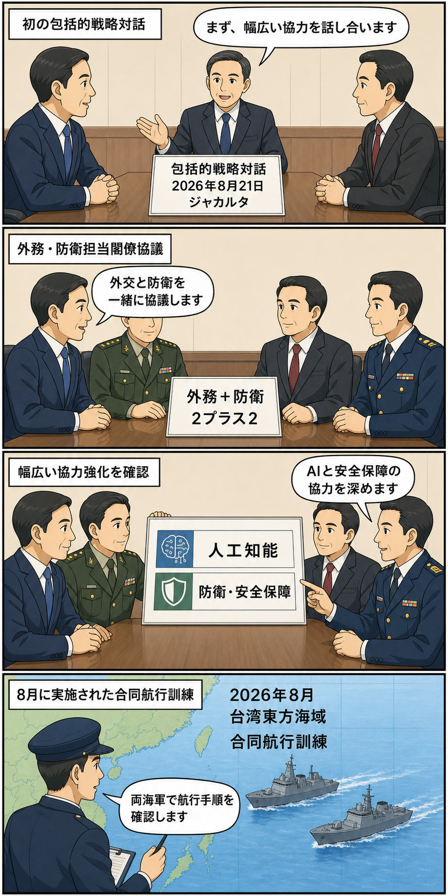 ジャカルタで中国側とインドネシア側の閣僚風キャラが戦略対話と外務・防衛協議を行い、AIと安全保障の協力方針を確認した後、両国海軍の艦艇が台湾東方海域で合同航行訓練を行う4コマ漫画。