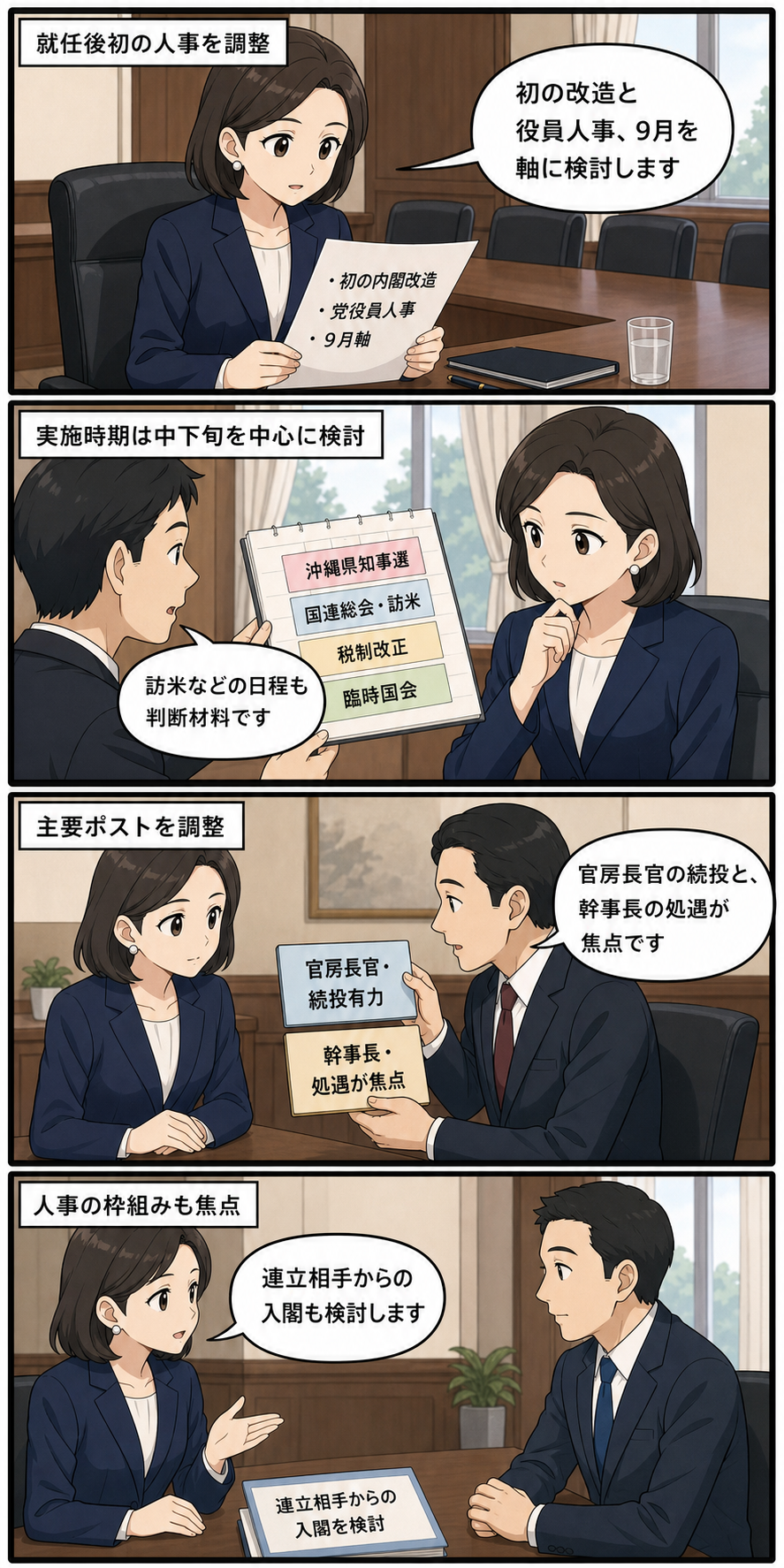スーツ姿の女性の首相風キャラが、9月を軸とする初の内閣改造と党役員人事について、日程や主要ポスト、連立相手からの入閣を検討する4コマ漫画。