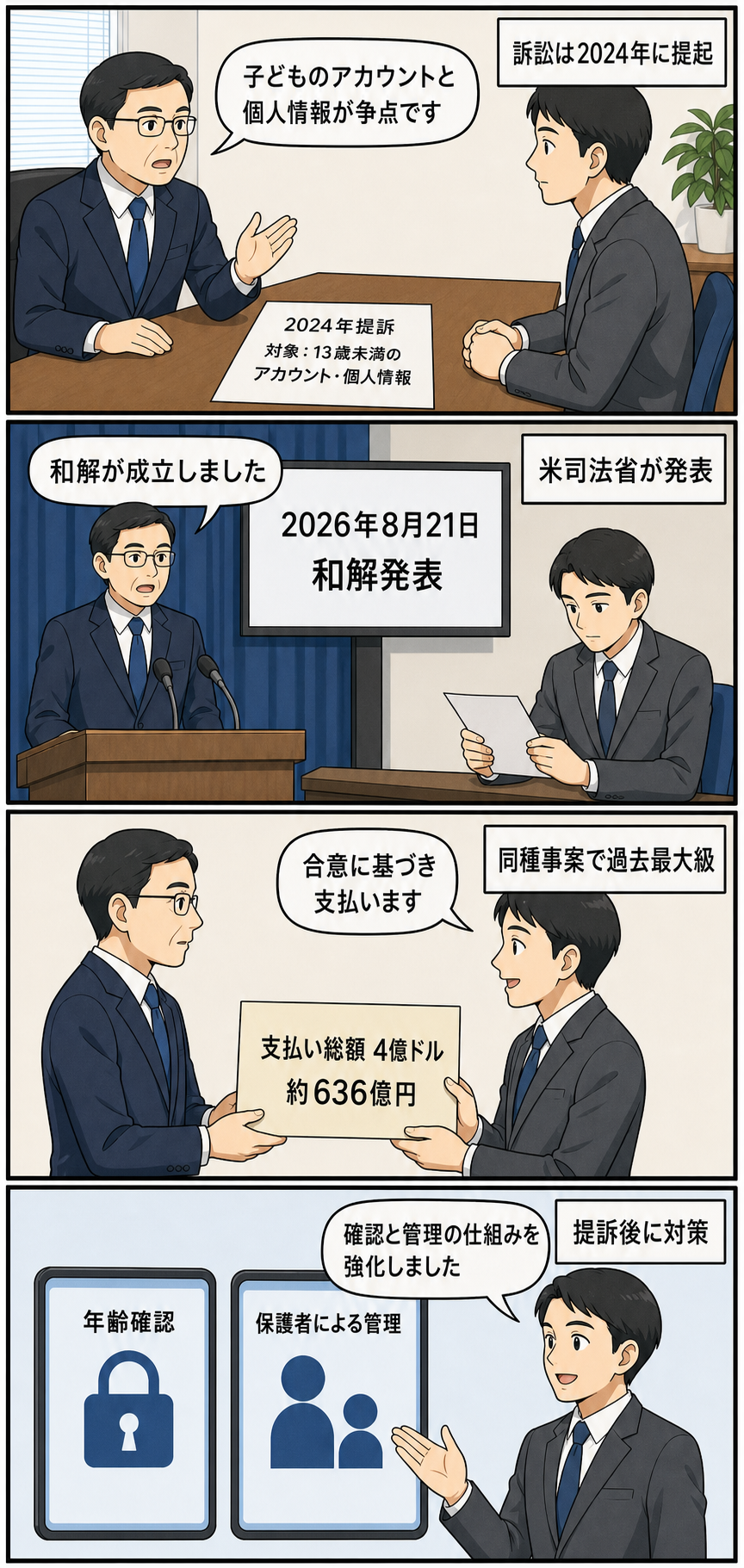 13歳未満の利用者のアカウントと個人情報をめぐる2024年の提訴から、2026年8月21日の和解発表、計4億ドルの支払い、年齢確認と保護者管理の強化までを中立的に描いた4コマ漫画。