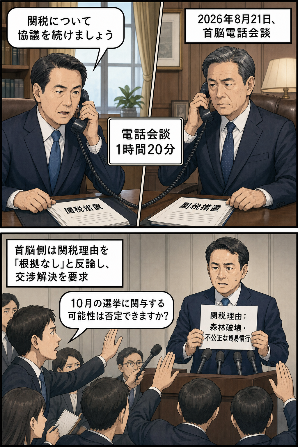 二国の男性首脳風キャラが1時間20分の電話会談で関税措置を協議し、その後、一方の首脳風キャラが関税理由に根拠がないとして交渉を求める一方、記者から選挙への関与可能性について問いただされる2コマ漫画。
