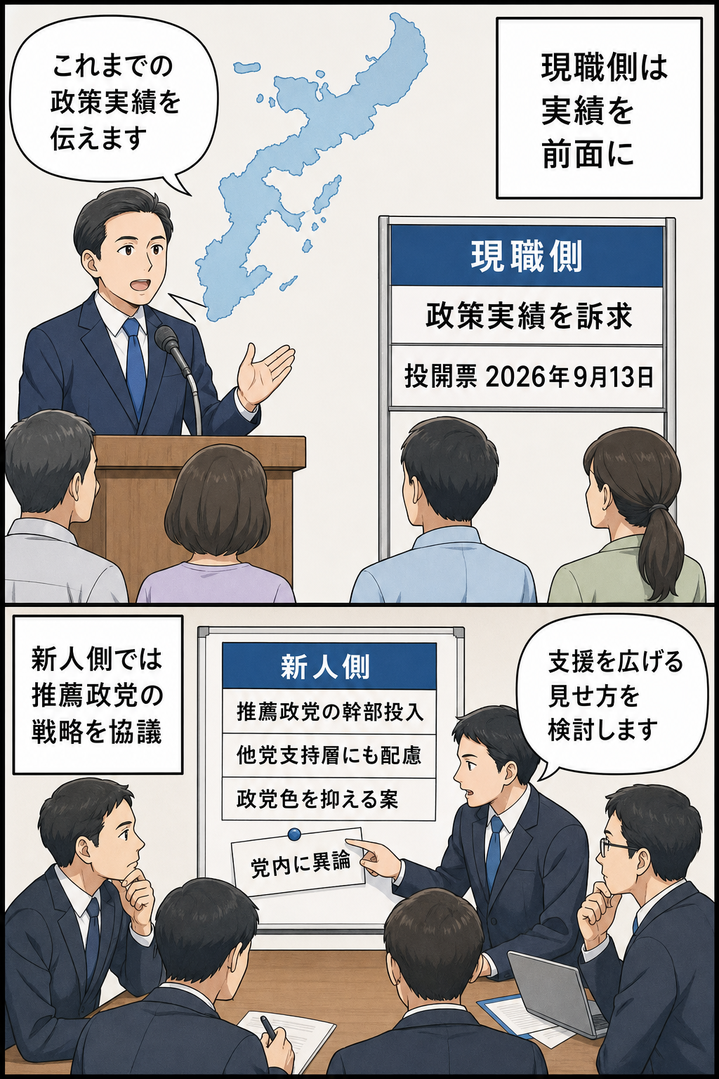 沖縄県知事選を前に、現職側が政策実績を訴える場面と、新人側を推薦する政党が政党色の出し方を検討する場面を中立的に描いた2コマ漫画。