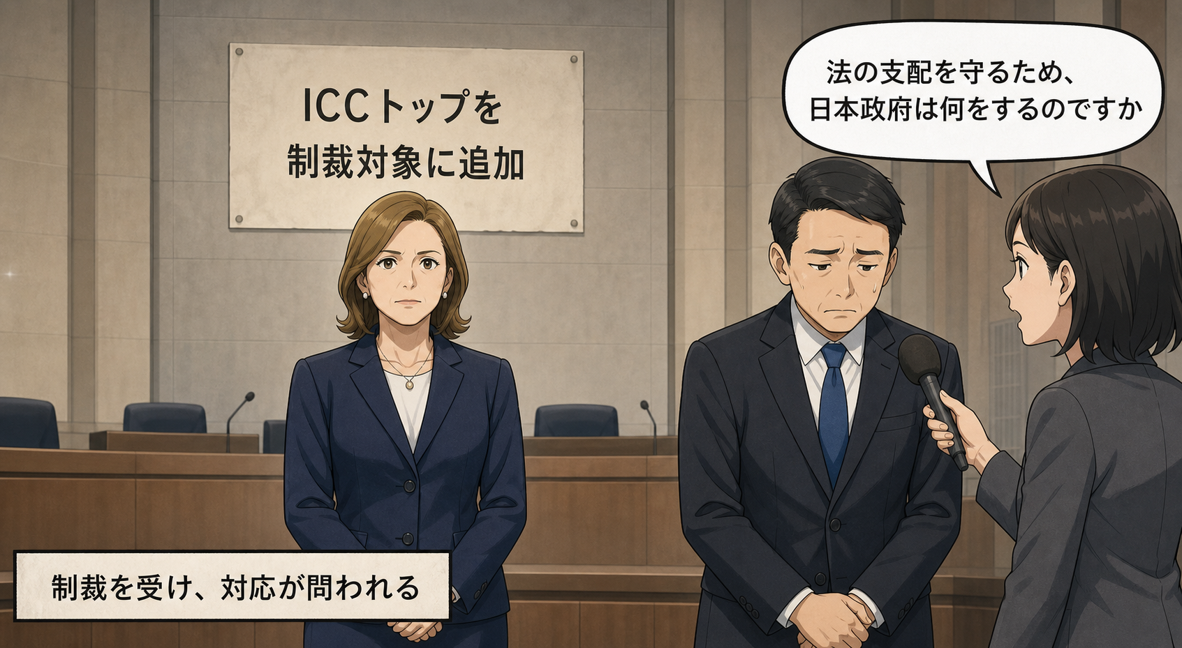 「ICCトップを制裁対象に追加」と書かれた通知を背景に、スーツ姿の女性の国際裁判所トップ風キャラが立ち、日本政府担当者風キャラへ記者が法の支配を守る対応を問いただしている。