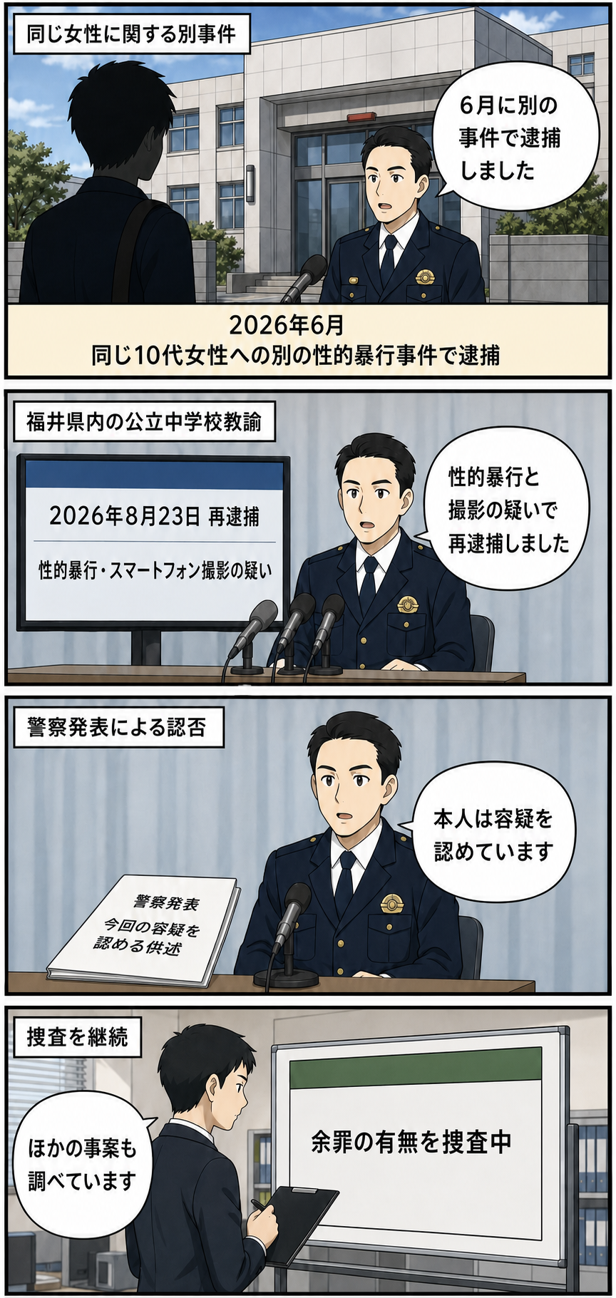 福井県内の公立中学校に勤務する24歳の男性教諭について、同じ10代女性への別事件での逮捕から、性的暴行とスマートフォン撮影の疑いによる再逮捕、警察発表による容疑の認否、余罪捜査までを時系列で示す4コマ漫画...