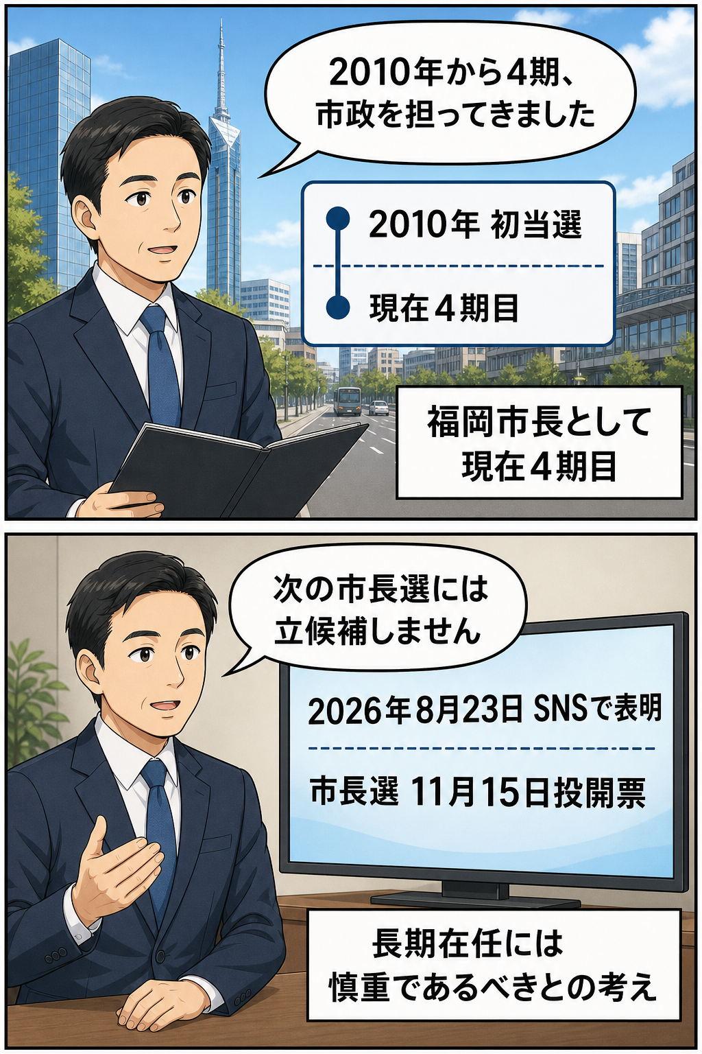 福岡市長を表す一般化された男性キャラクターの在任経緯と、2026年11月の市長選に立候補しないとの表明を、落ち着いた調子で描く2コマ漫画。