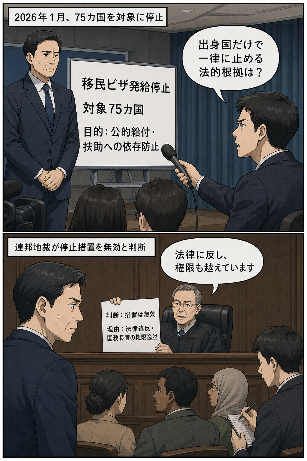 移民の公的扶助への依存防止を目的に75カ国の移民ビザ発給を停止した政権担当者が記者から法的根拠を問われ、続いて連邦地裁が法律違反と権限逸脱を理由に措置を無効と判断する2コマ漫画。