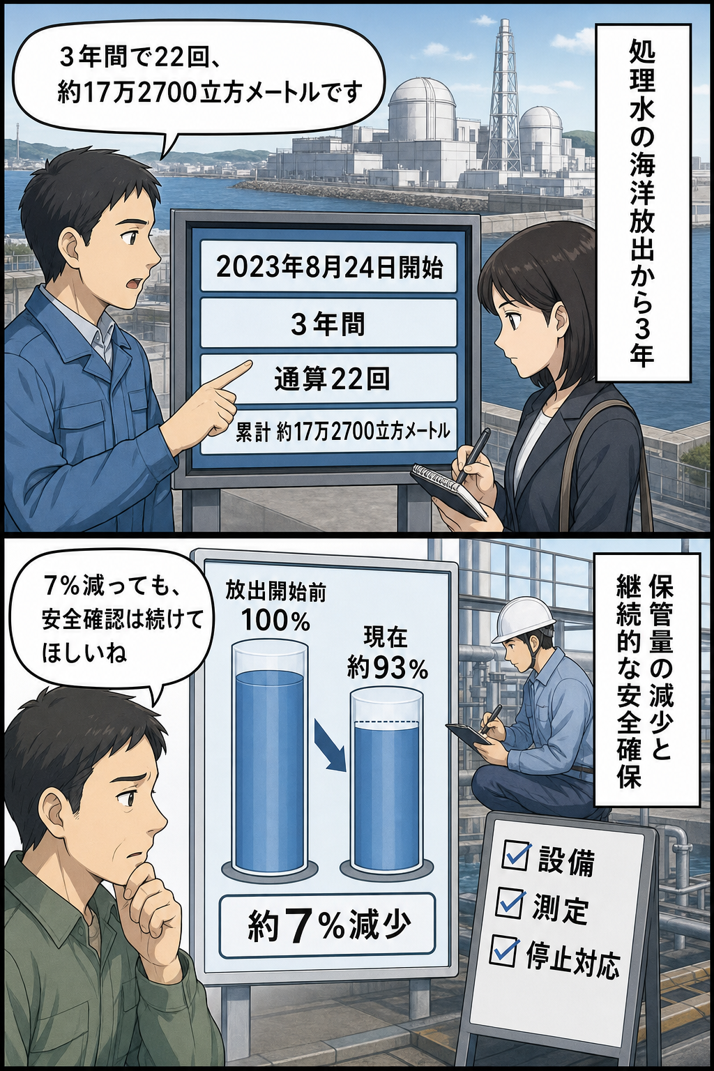 福島第一原発の処理水放出開始から3年の実績と、保管量が約7％減少した状況を、安全確認を求める慎重な視点とともに描いた2コマ漫画。