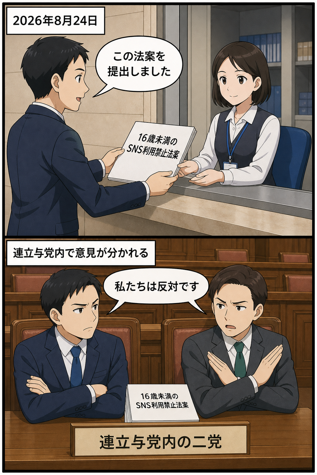 政府が16歳未満のSNS利用禁止法案を提出し、連立与党内の二党が反対姿勢を示す様子を中立的に描いた2コマ漫画。