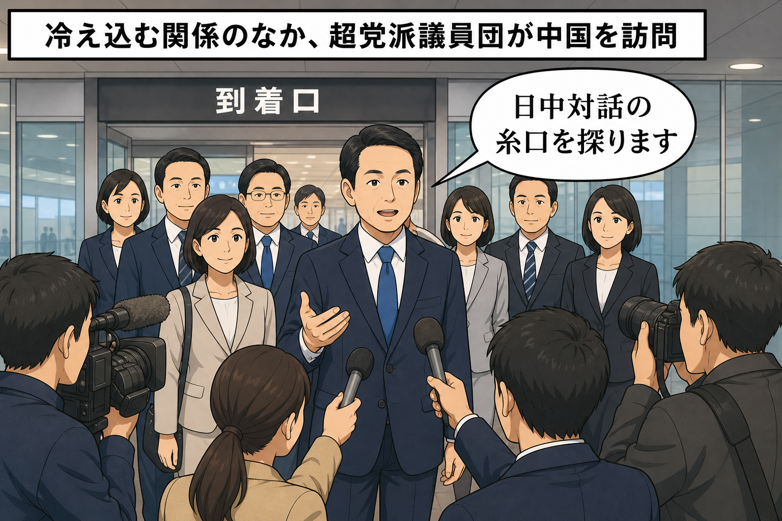 中国の空港に到着した超党派の国会議員団が、日中の政治対話の糸口を探る姿勢を示す中立的な一コマ漫画。