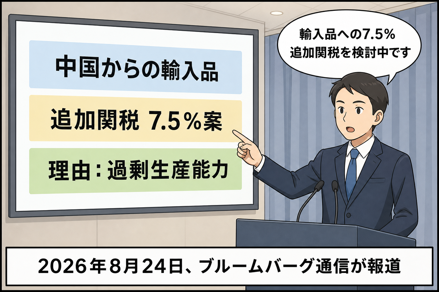政府担当者が、中国からの輸入品への7.5％追加関税案と、中国の過剰生産能力が検討理由と報じられたことを説明している。