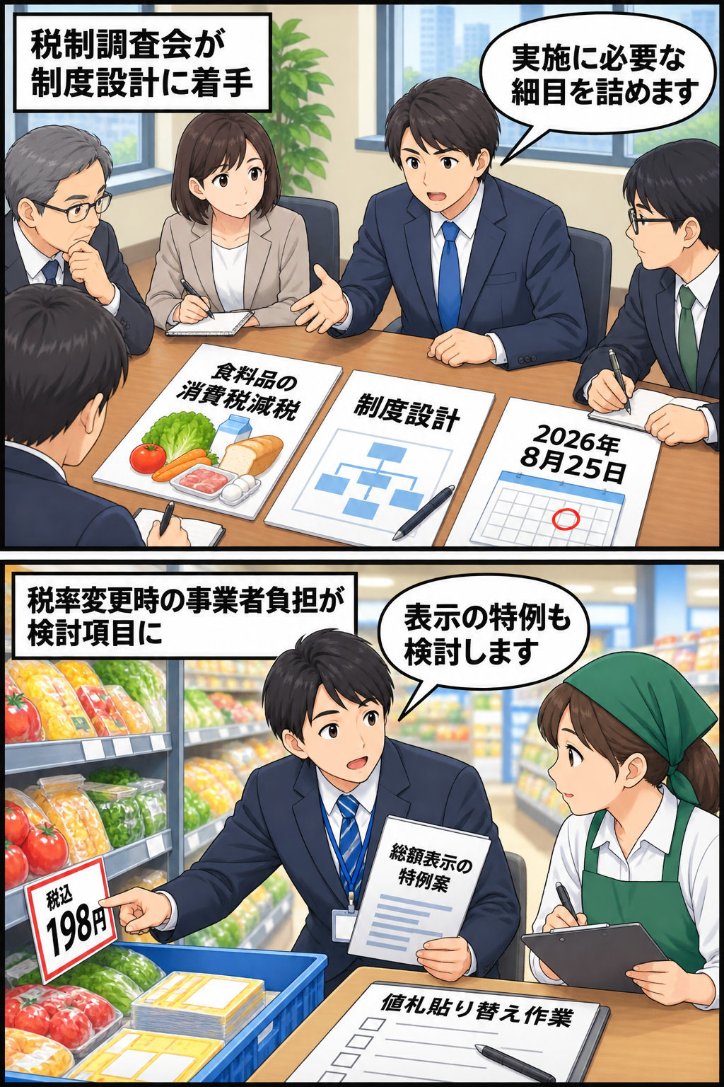 食料品の消費税減税について制度設計を始める税制調査会と、値札の貼り替え負担や総額表示の特例を検討する実務担当者を中立的に描いた2コマ漫画。