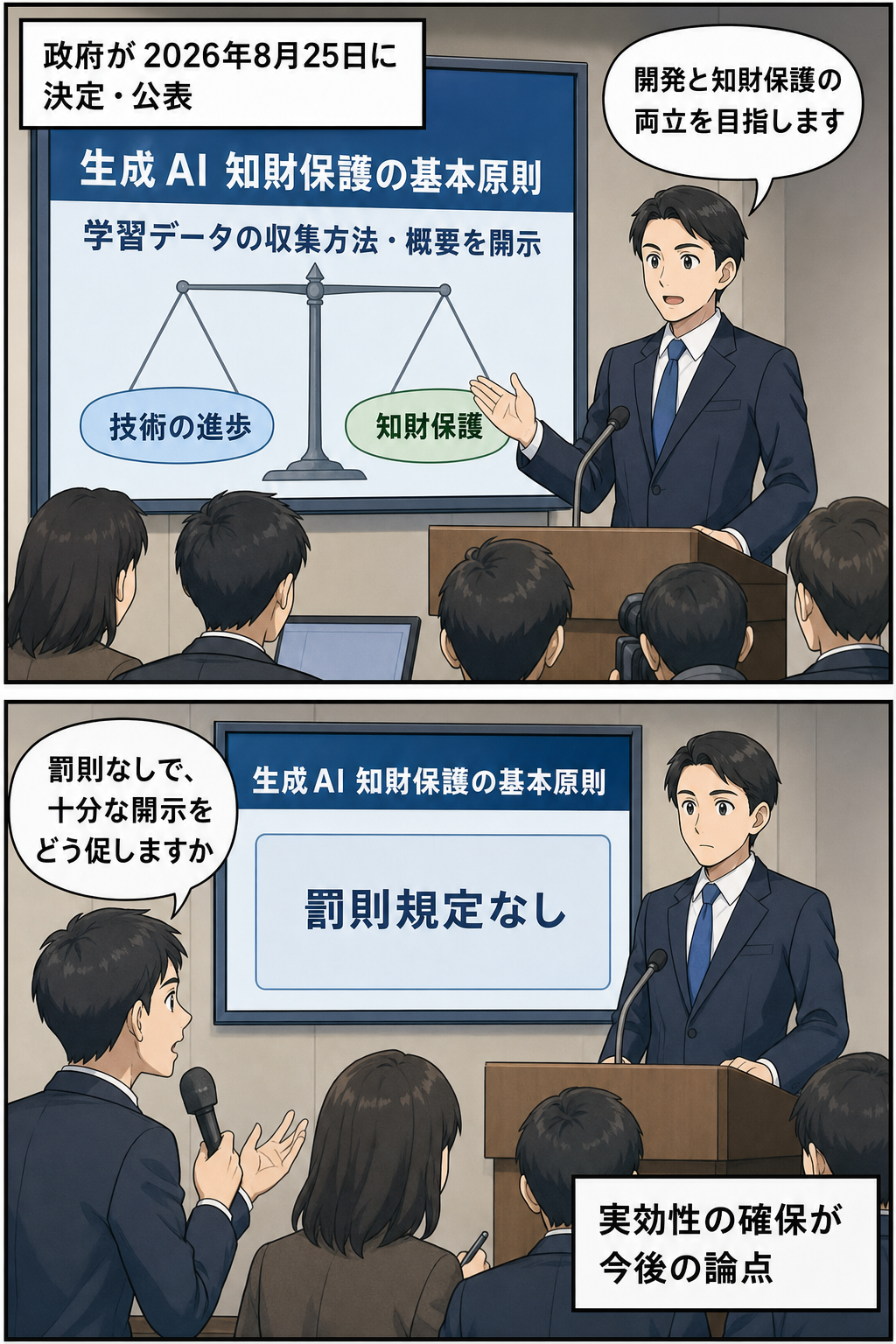 政府担当者が生成AI事業者に学習データの収集方法などの開示を求める基本原則を説明し、続いて記者が罰則のない制度で十分な開示を得られるか尋ねる中立的な2コマ漫画。