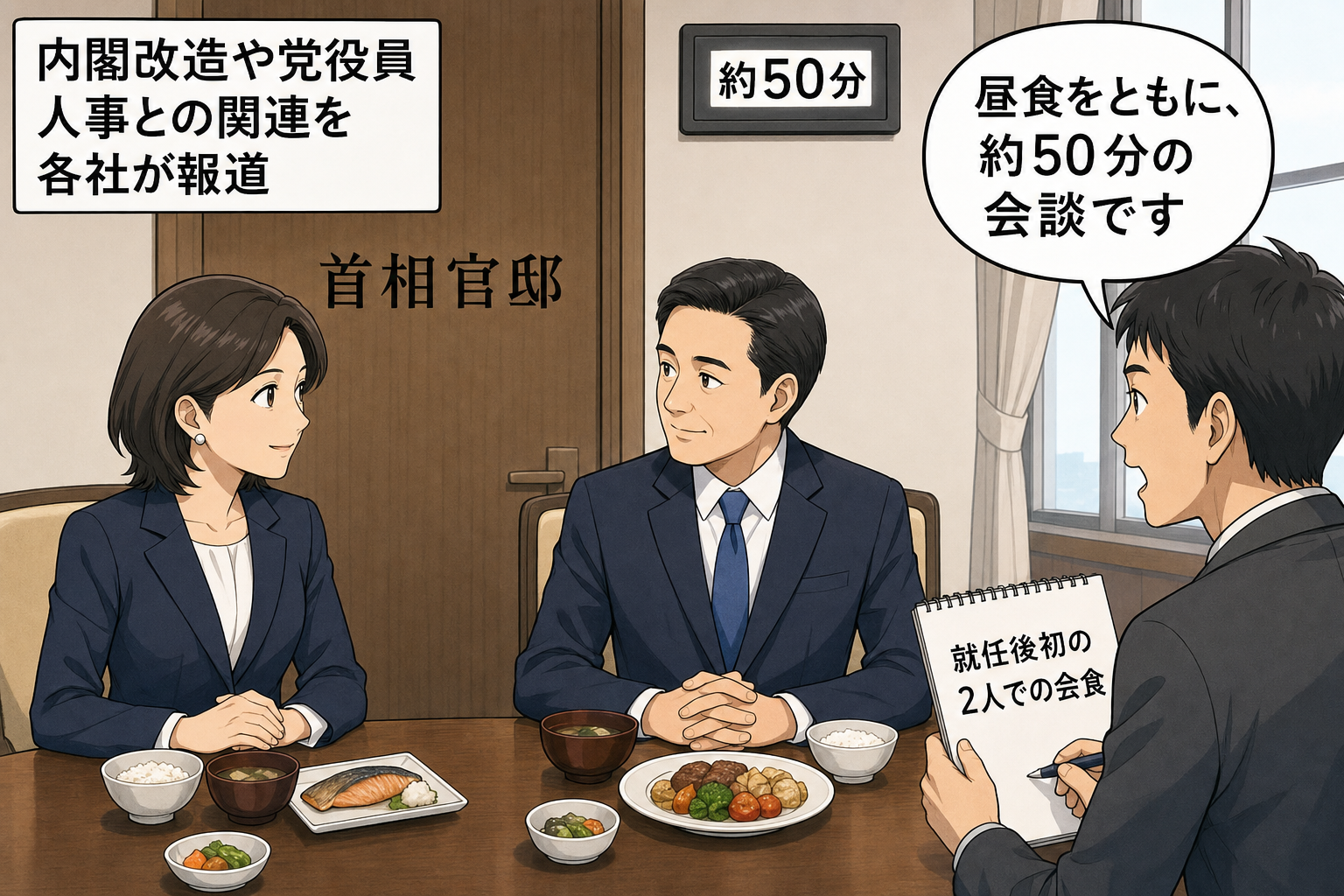 首相官邸の会談室で、スーツ姿の女性の首相風キャラと男性の党副総裁風キャラが昼食を挟んで向き合い、官邸担当記者が会談時間と初の二人会食という事実を伝える中立的な一コマ漫画。