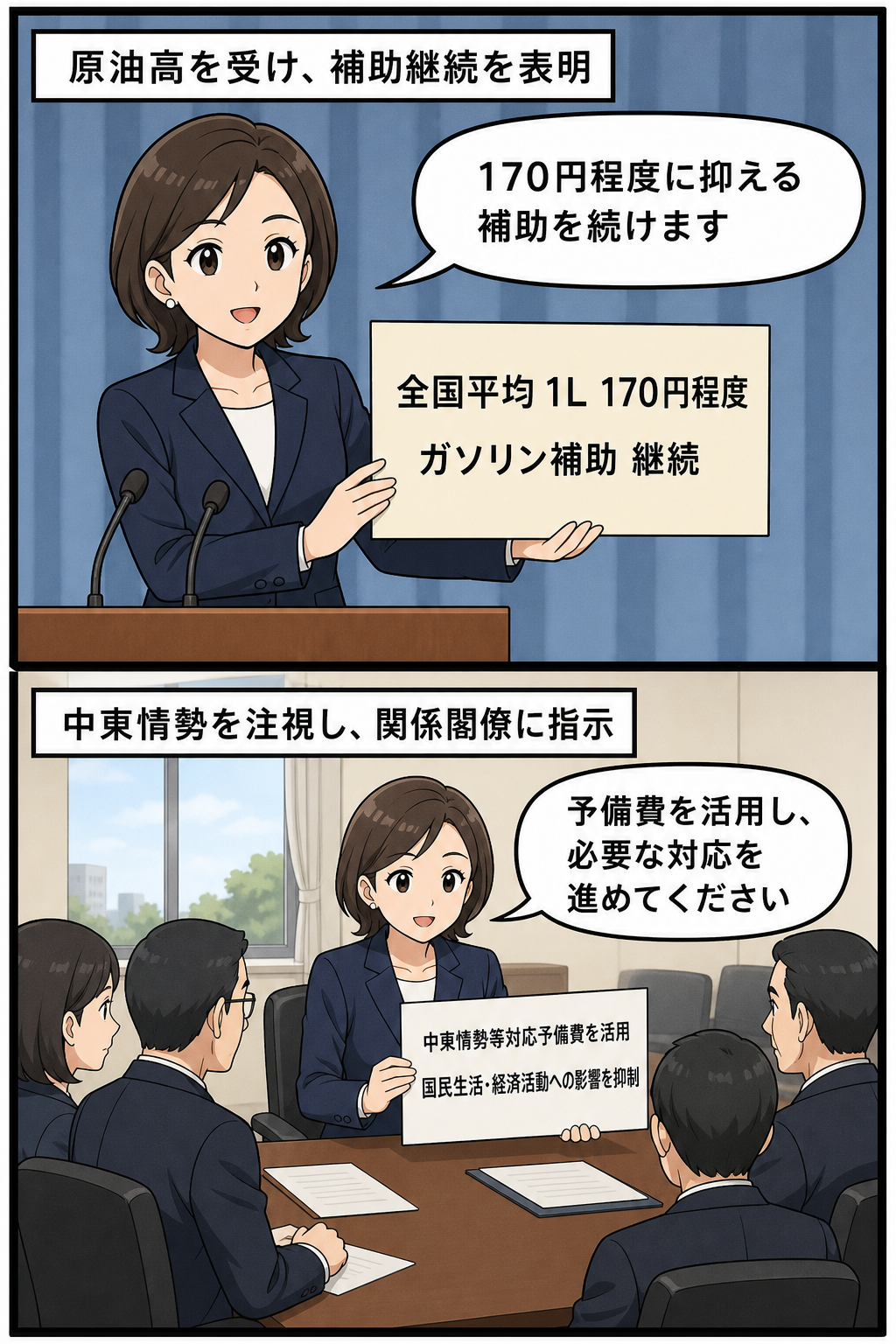 スーツ姿の女性の首相風キャラがガソリン価格を全国平均で1リットル170円程度に抑える補助の継続を表明し、続いて予備費の活用と関係閣僚への対応指示を伝える二コマ漫画。