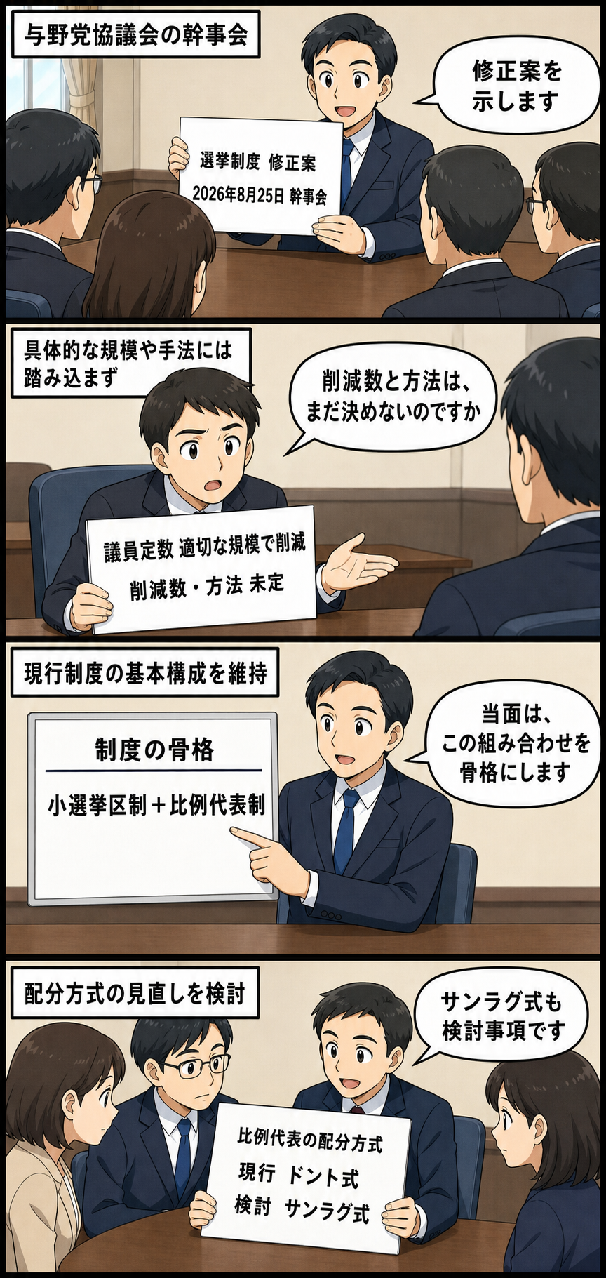 与野党協議会の幹事会で修正案が示され、議員定数削減の具体策は未定のまま、小選挙区制と比例代表制の組み合わせを骨格とし、サンラグ式を検討事項に加える流れを描いた4コマ漫画。