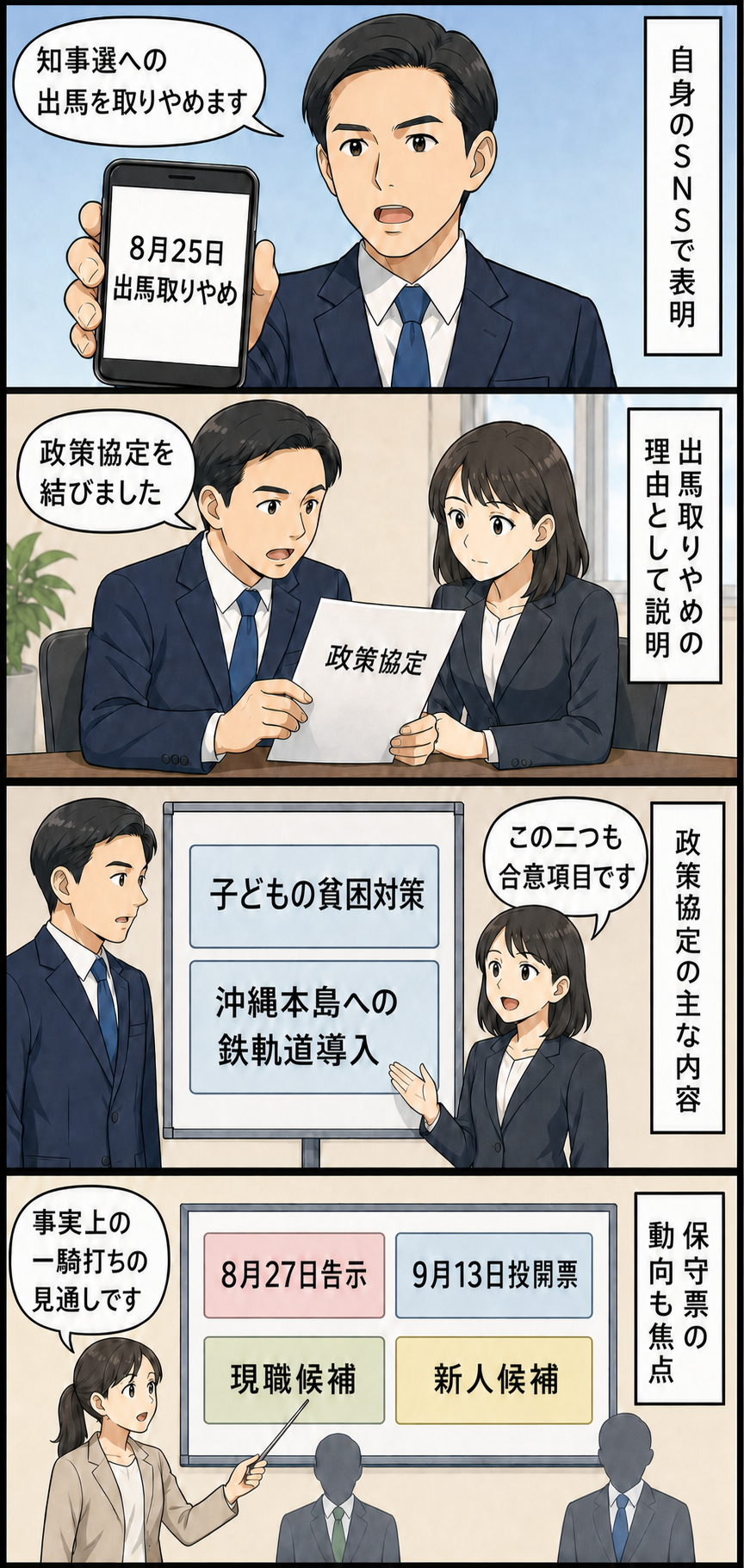 沖縄県知事選への出馬を予定していたスーツ姿の男性政治家風キャラが、出馬取りやめと政党との政策協定を発表し、合意項目と選挙構図の変化が順に示される4コマ漫画。